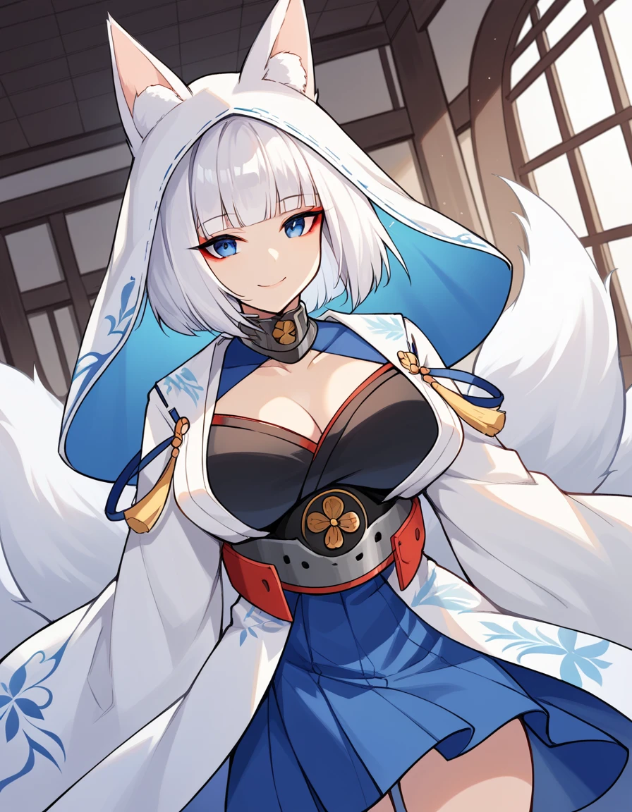 score_9, score_8_up, score_7_up, source_anime, <lora:azurlane-kaga-ponyxl-lora-nochekaiser:1>, azurlane kaga, animal ears, blue eyes, large breasts, eyeshadow, fox ears, fox tail, makeup, short hair, bangs, blunt bangs, white hair, tail, kyuubi, kitsune, multiple tails,, uchikake, fox hood, bride, white kimono, veil lift,, indoors, smile, looking at viewer, solo,, cowboy shot, dutch angle