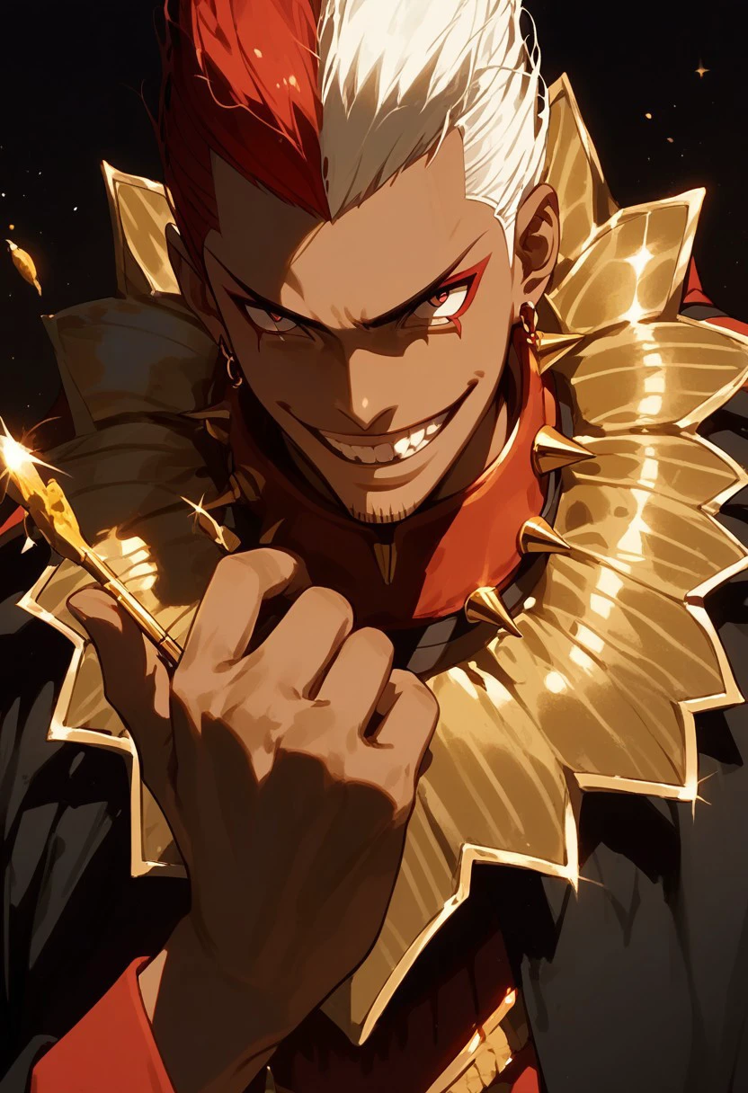 score_9, score_8_up, score_7_up, source_anime, rating_safe, ScorpioFT, red-white Scorpio hair, 1boy, male focus, spiked collar, rockstar, evil smile, gold dust, cropped waist, (hands with five fingers), finely detailed face, flat color, dark theme, Expressiveh,