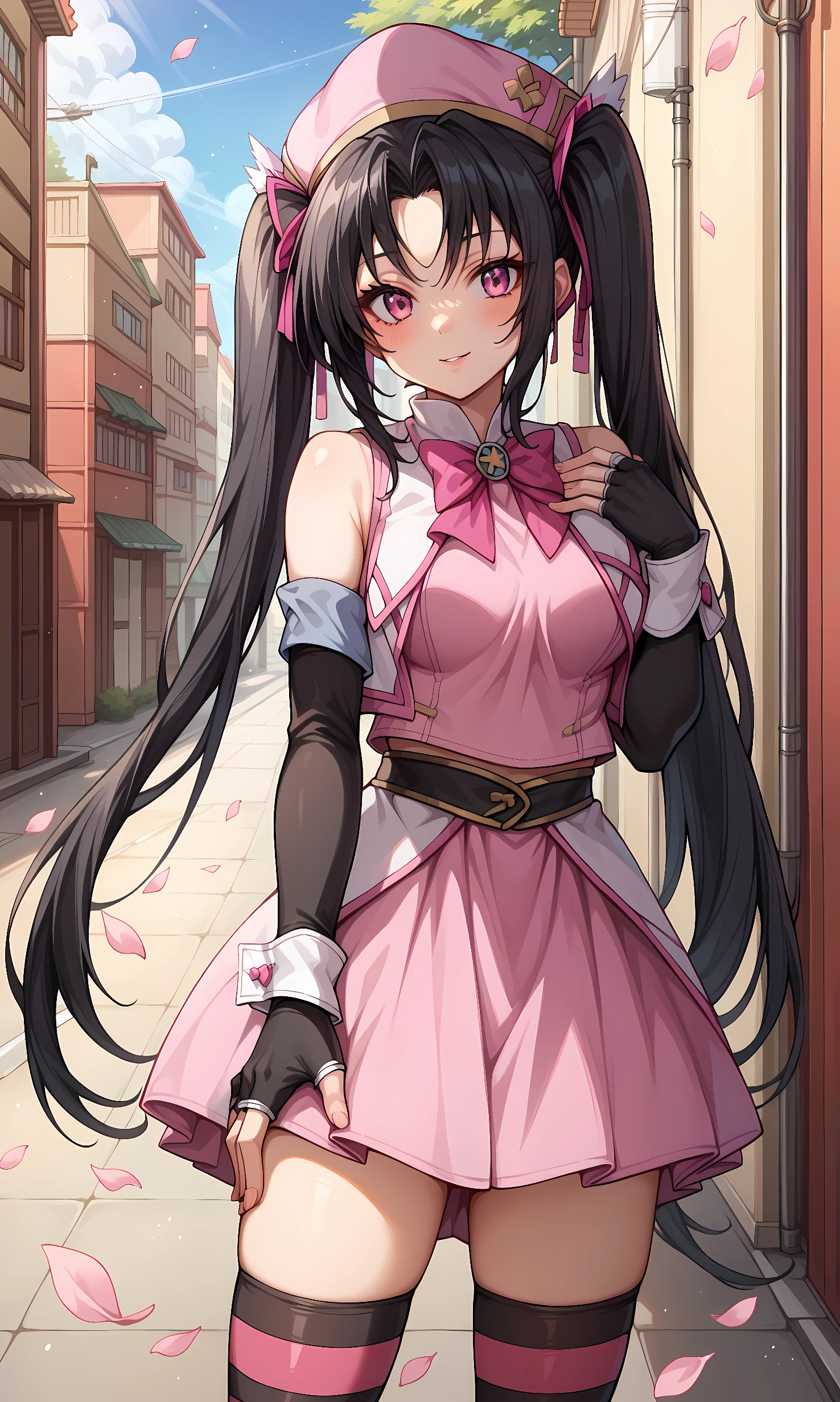 score_9, score_8_up, score_7_up, BREAK source_anime, 1girl, solo, outdoors, street, cherry blossoms, cowboy shot, standing, looking at viewer, serafall, pink eyes, black hair, long hair, parted bangs, twintails, hair ribbon, pink ribbon, pink hat, black gloves, fingerless gloves, bare shoulders, black sleeves, detached sleeves, pink crop top, pink bowtie, pink skirt, dress, striped thighhighs 