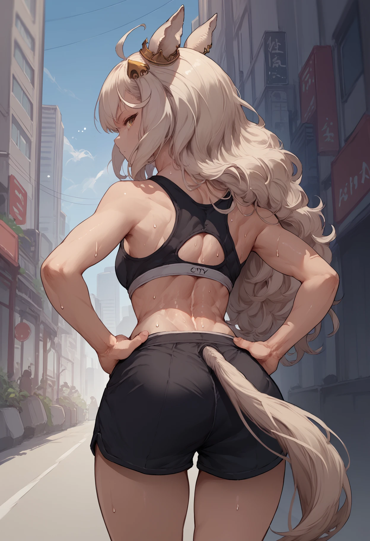 score_9, score_8_up, score_7_up, from behind, solo, 1girl, biwa hayahide, horse tail, sweat, expressionless, looking back, hands on own hips, ahoge, hair ornament, animal ears, ear ornament, black sports bra, black shorts, short shorts, outdoors, city street
<segment:yolo-face_yolov8m.pt,0.35,0.5>