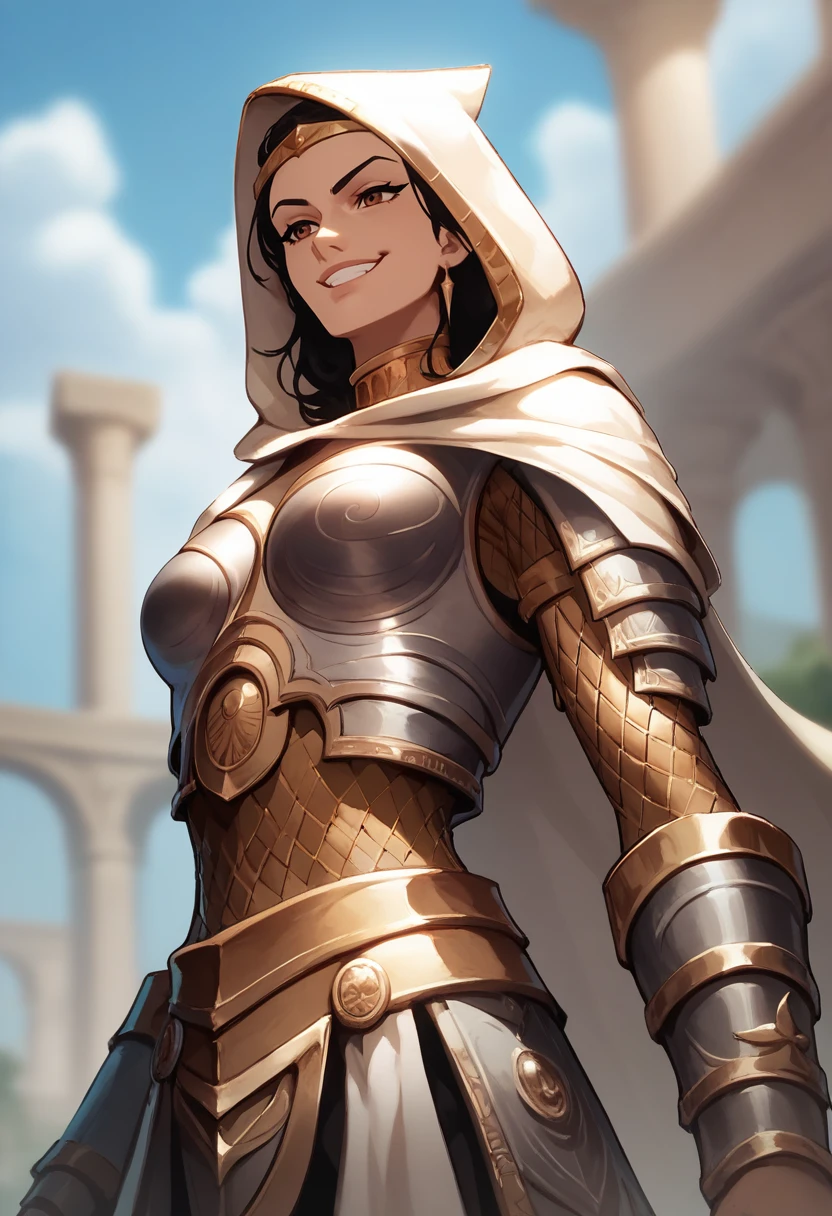 score_9, score_8_up, score_7_up, 
1girl, solo, <lora:ELSPETH:1>, hood, cape, armor, breastplate, black hair, jewellery, brown eyes, 
standing, smug, smirk, grin, from below, 
<lora:Smooth Anime 2 Style SDXL_LoRA_Pony Diffusion V6 XL:1>
depth of field, blurry background, blurry foreground, greek mythology, scenery, pantheon, shore