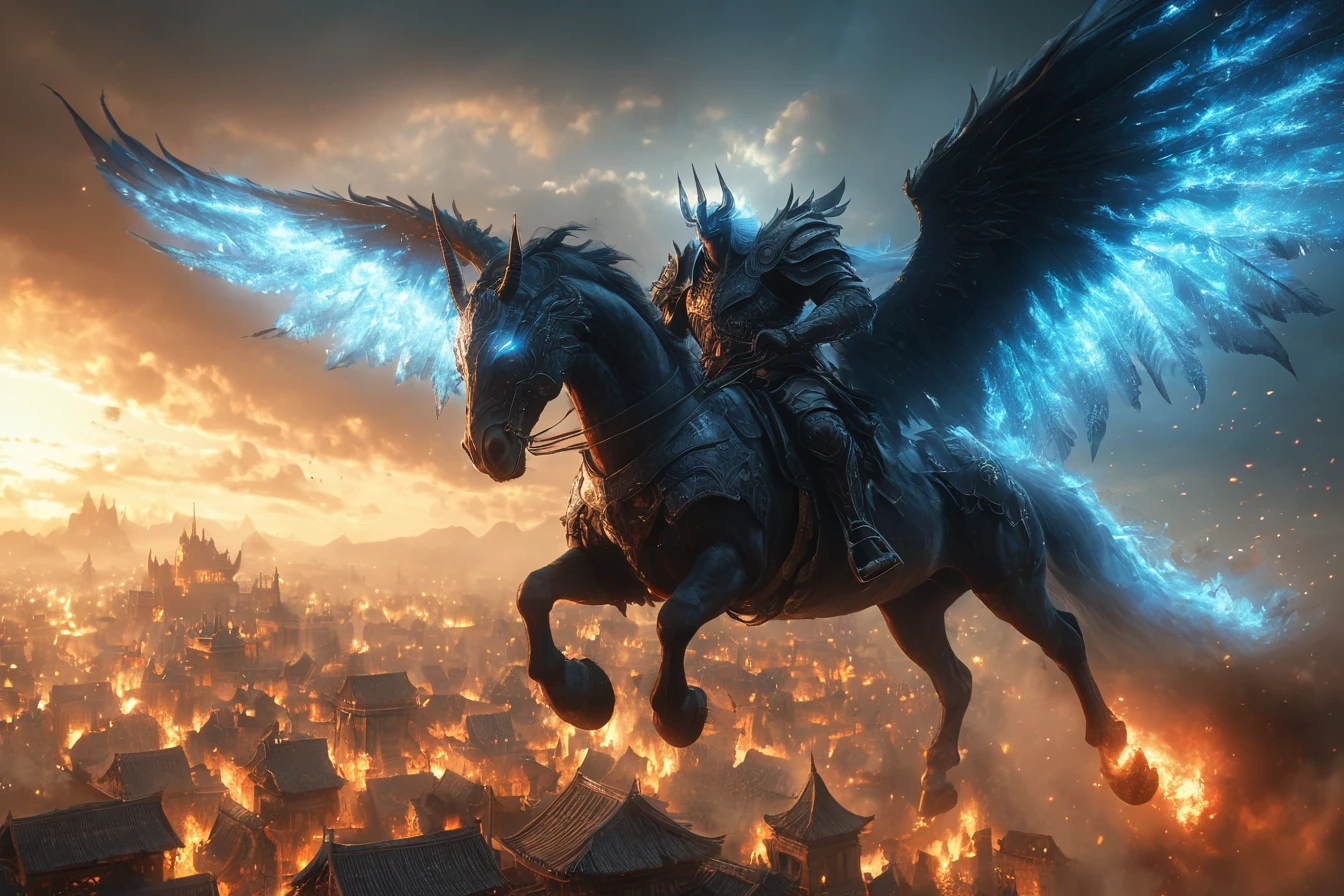 an evil fantasy demon king in detailed armor and helmet, riding a black pegasus horse with big blue burning wings, flying in the sky above a fantasy village, in the epic fantasy style, in an epic cinematic shot, with epic cinematic lighting.  hksky, masterpiece, best quality, highly detailed, sharp focus, dynamic lighting