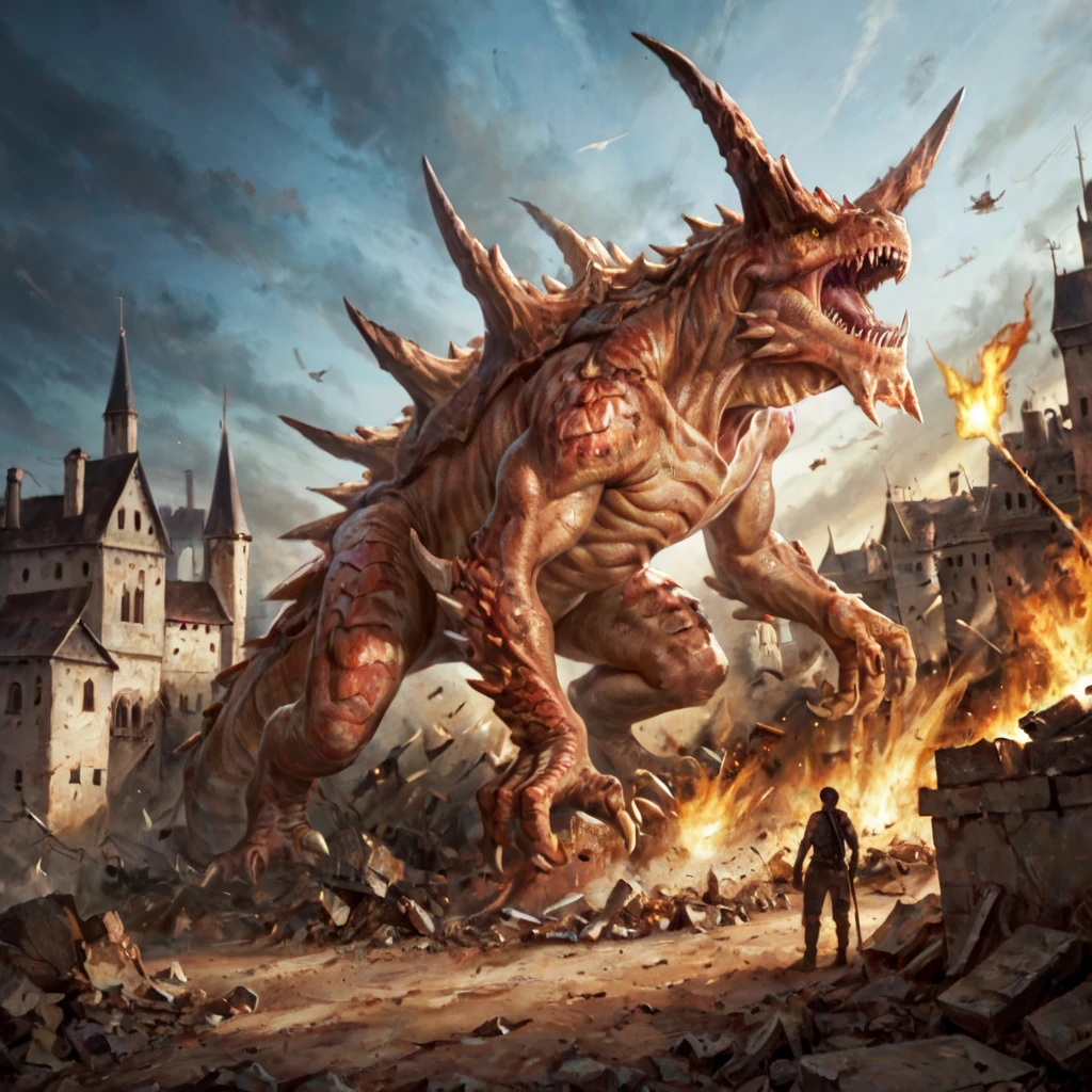 score_9, score_8_up, score_7_up, score_6_up,  source_monster, raw, photo, 1dk, portrait, tarrasque, claws, sharp teeth, monster, horns, tail, scales,  kaijuu <lora:Tarrasque-000006:.81>yellow eyes, spikes, fangs, castle forte background, sky, standing, devastation, fire, destruction, size difference (fleeing people:1.8) fire breathing, ongoing battle