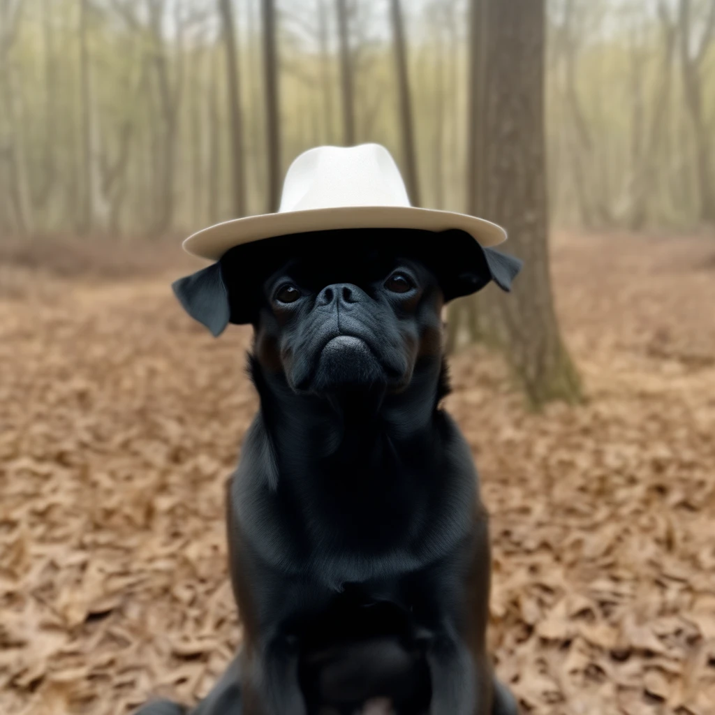 dog in a hat in the forest