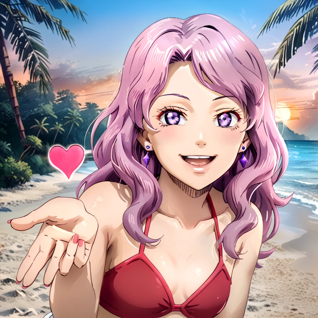 VnsBlCl1, 1 girl, solo, front view, smile, open mouth, looking the viewer, leaning forward, perfect, red bra bkni, red panties bkni, Pink hair, long hair, small breasts, purple eyes, perfect eyes, earrings, anime source, on beach, sunset, palm, blowing kiss, heart, perfect picture, high detail