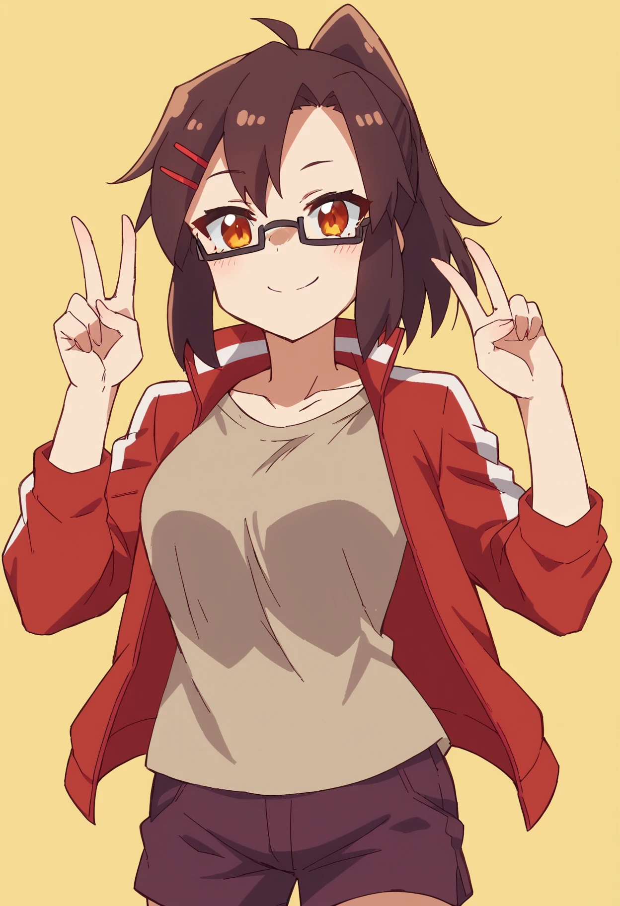 score_9, score_8_up, score_7_up, source_anime BREAK
1girl, cowboy shot, looking at viewer, smile, yellow background, fox shadow puppet, simple background
<lora:Koenji-750:1>
koenji, glasses, red hairclip, t-shirt, high ponytail
red track jacket, brown t-shirt, maroon shorts