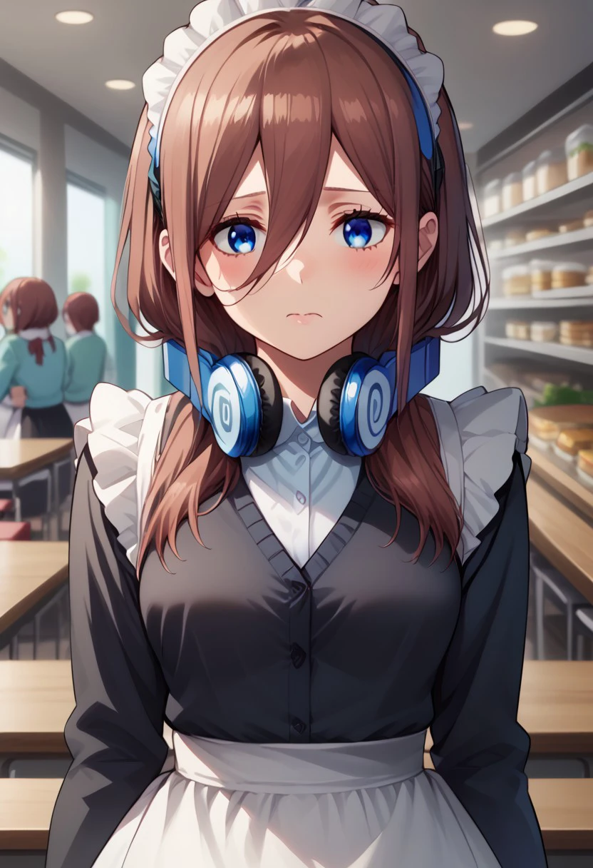 1 girl, solo, miku nakano, long hair, bangs, blue eyes, brown hair, maid dress, hair between eyes, headphones, cardigan, headphones around neck, maid uniform, in a cafe