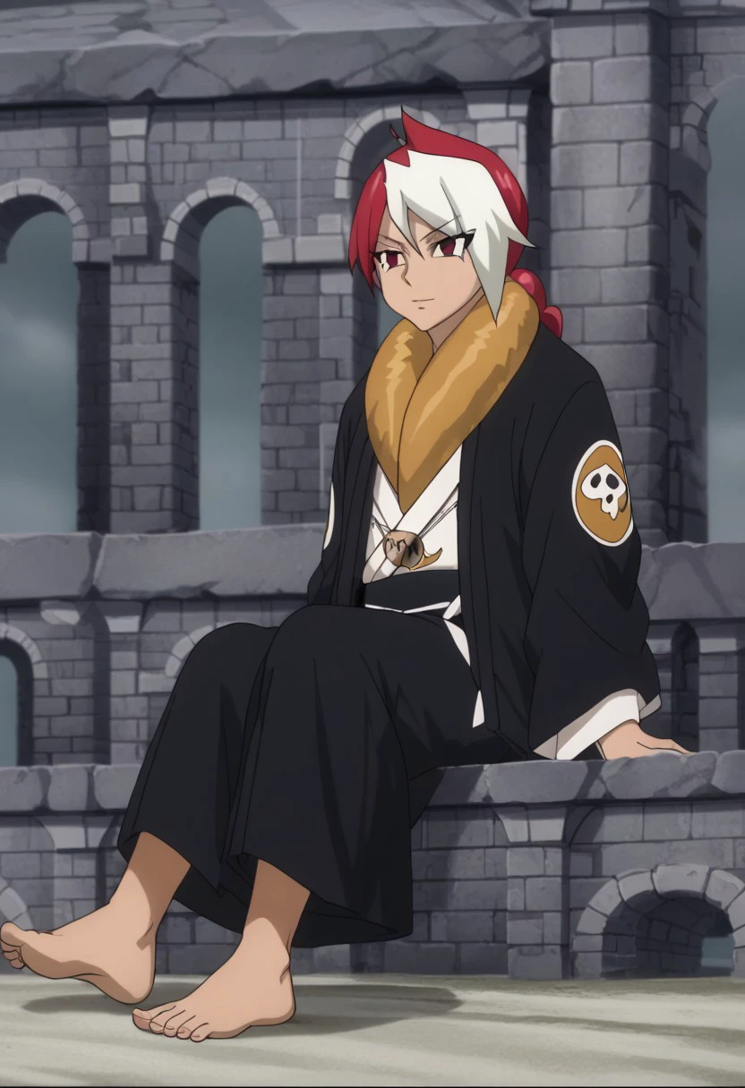 score_9, score_8_up, score_7_up, source_anime, rating_safe, ScorpiFT, 1boy, male focus, anime screencap, red-white Scorpi hair, black Scorpi robe, white Scorpi robe, yellow Scorpi scarf, black Scorpi dress, cropped feet, sitting,