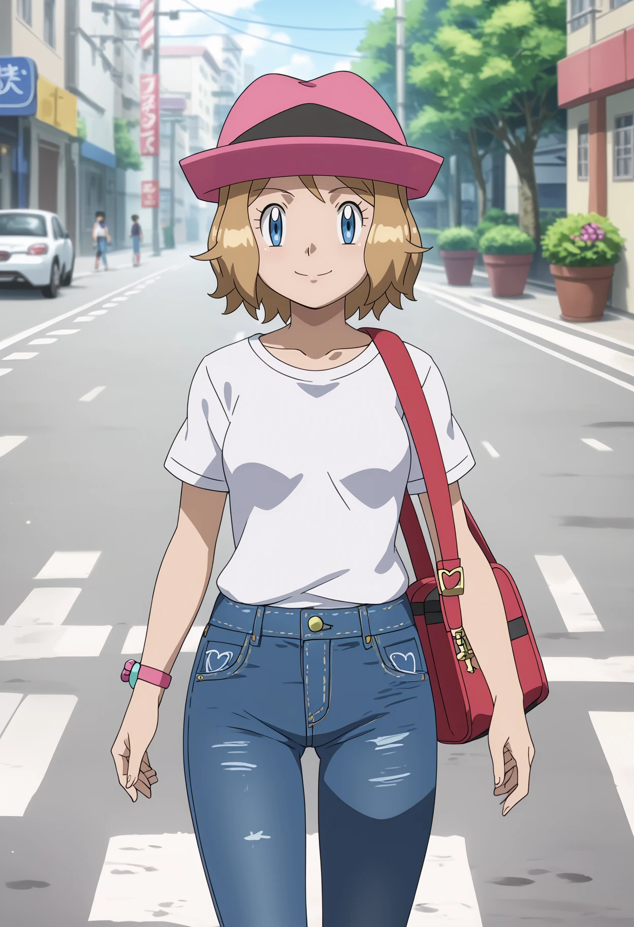 score_9, score_8_up, score_7_up, anime screencap, BREAK
1girl,serena \(pokemon\), short hair, blonde hair, blue eyes, eyelashes, 
hat, white shirt, denim jean,
walking in the street, outdoors, looking at viewer, smile, tokyo street background  <lora:SerenaXL:1>