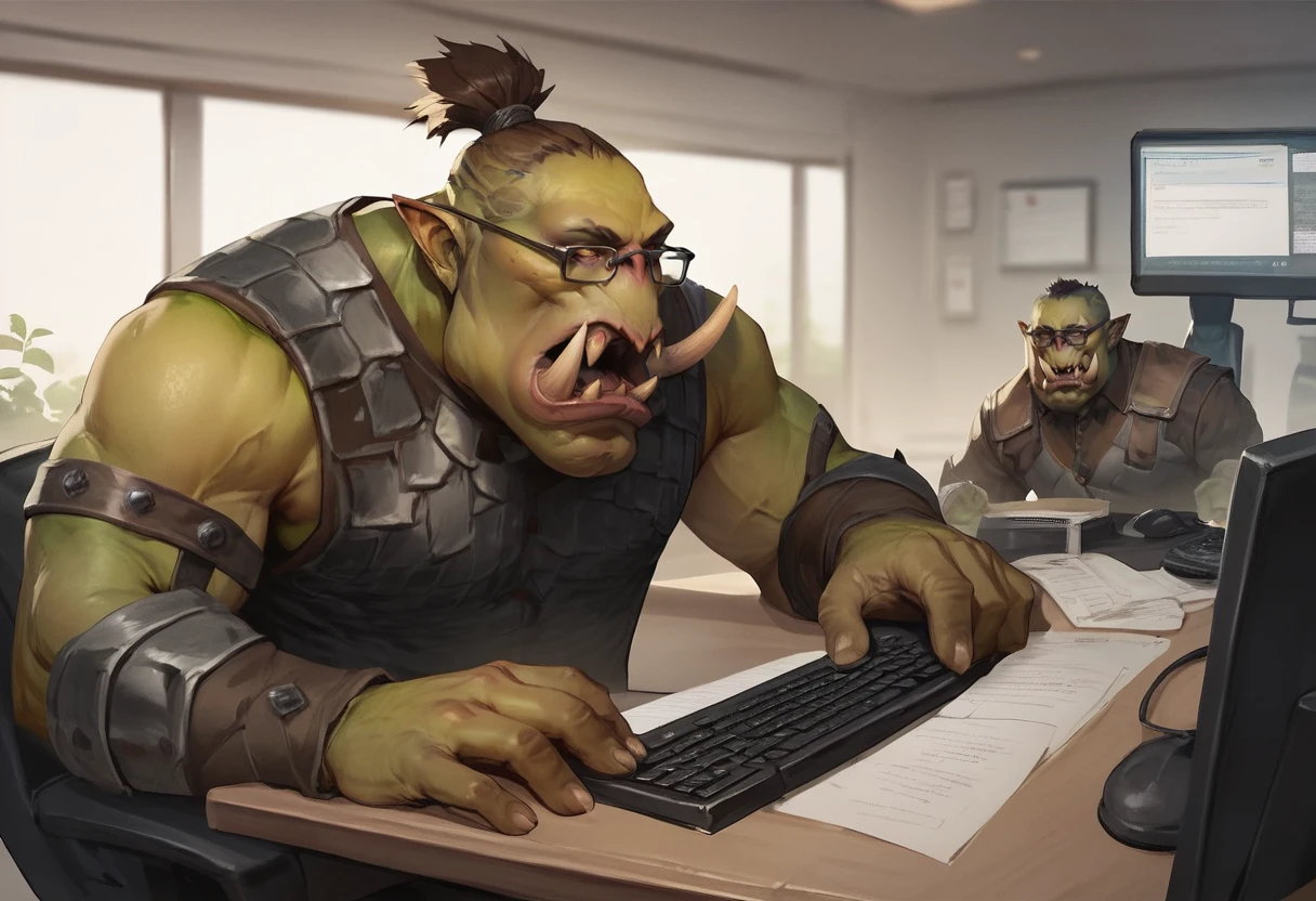 score_9, score_8_up, score_7_up, 
OrcBoyz,  green skin, tusks, topknot, armor,
inside of an office, typing on a keyboard, wearing glasses, in front of a computer,
 <lora:Orc_Boyz_PonyXL:0.9>