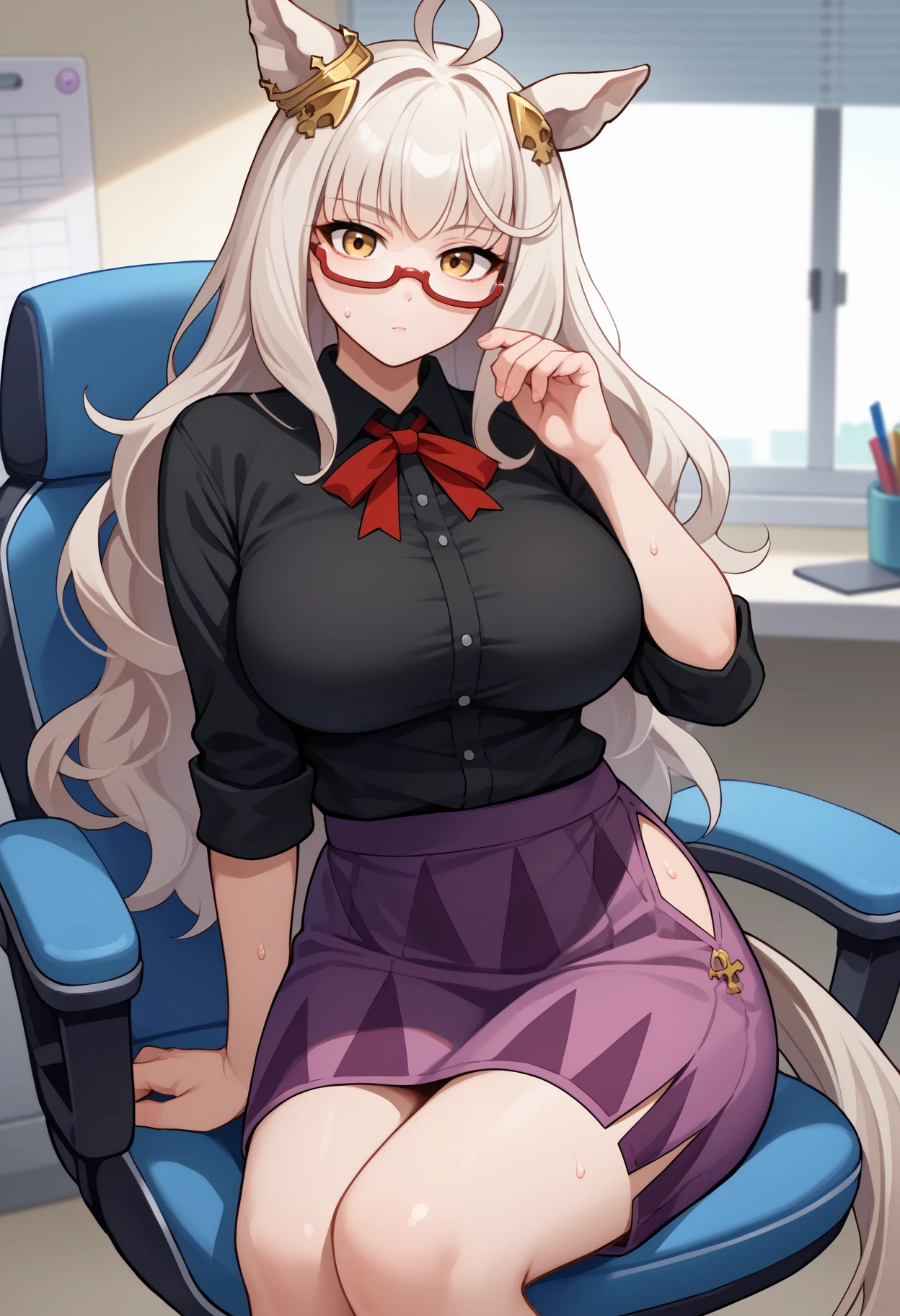 score_9, score_8_up, score_7_up, source_anime, solo, 1girl, biwa hayahide, horse tail, sweat, expressionless, looking at you, sitting, swivel chair, ahoge, hair ornament, animal ears, ear ornament, glasses, semi-rimless eyewear, black shirt, collared shirt, neck ribbon, red ribbon, sleeves rolled up, purple skirt, hip vent, large breasts, indoors, office
<segment:yolo-face_yolov8m.pt,0.35,0.5>