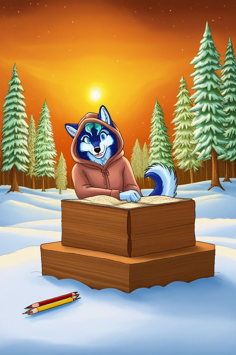 score_6, score_5, score_4, marianoStyle, traditioal media, colored_pencil, 1husky, anthro, igloo, nighttime, curled up inside, cozy expression, detailed fur, grey and white fur, blue eyes, wearing a fur-lined hood, warm glow from a small fire, snowy landscape outside