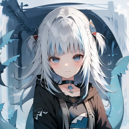 Goth Gawr Gura, left eye covering bangs, shark tail <lora:Goth_Gawr_Gura_5-000008:1>
