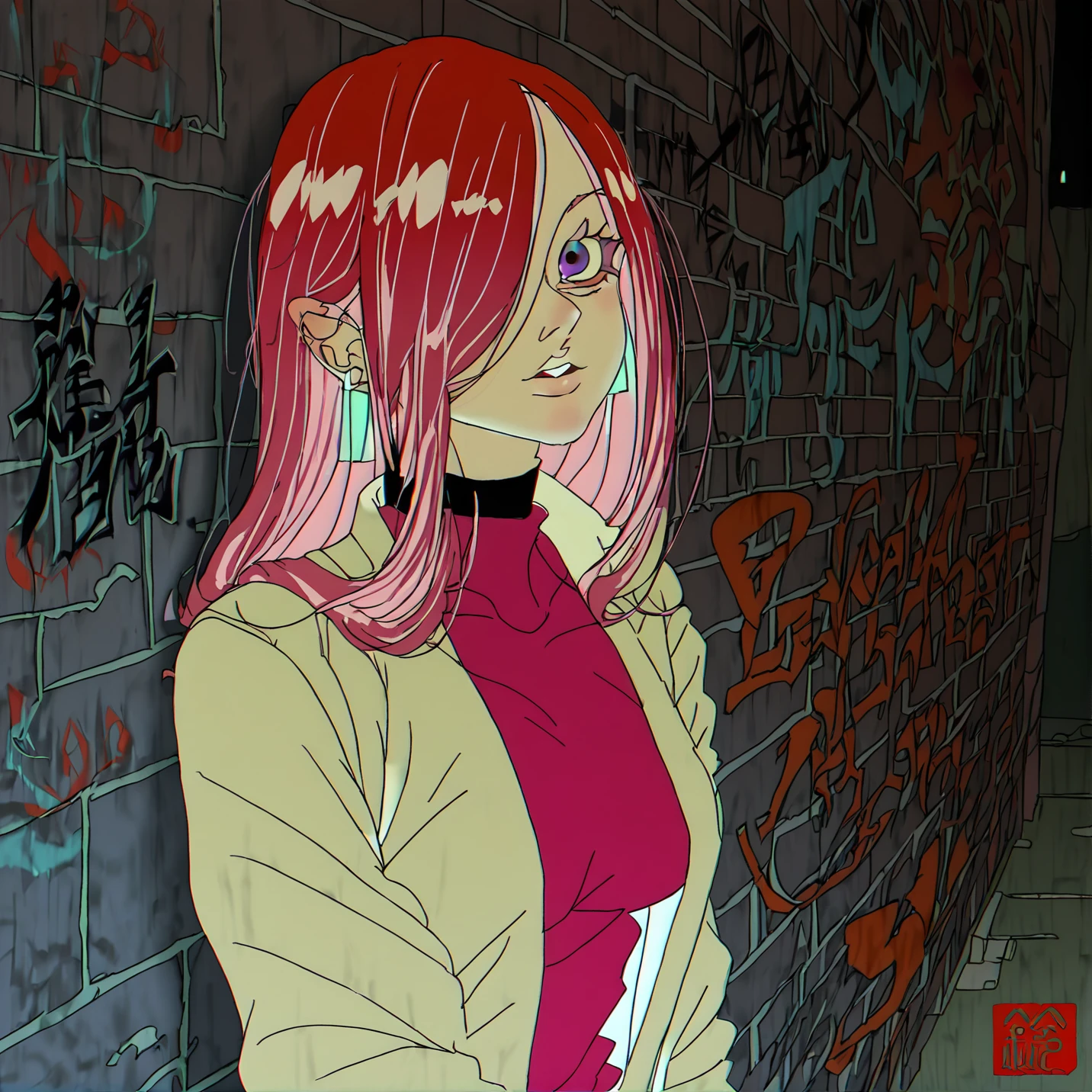 score_9, score_8_up, score_7_up, 1girl,  Seigo Suzuki \(Artist\), @Sei5oSuzuki, BREAK score_7_up  Japanese text, logo, watermark,night, against wall, brick wall, graffiti, dim lighting, alley, BREAK detailed, 1girl, solo, intricate details, half body portrait, long hair, pink hair, red head ornament, pink highlights, hair over one eye, purple eyes, earrings, sharp eyes, choker, neon shirt, open jacket, turtleneck sweater, looking at viewer,  <lora:Seigo-Suzuki_Sei5oSuzuki[PonyXL]:1>