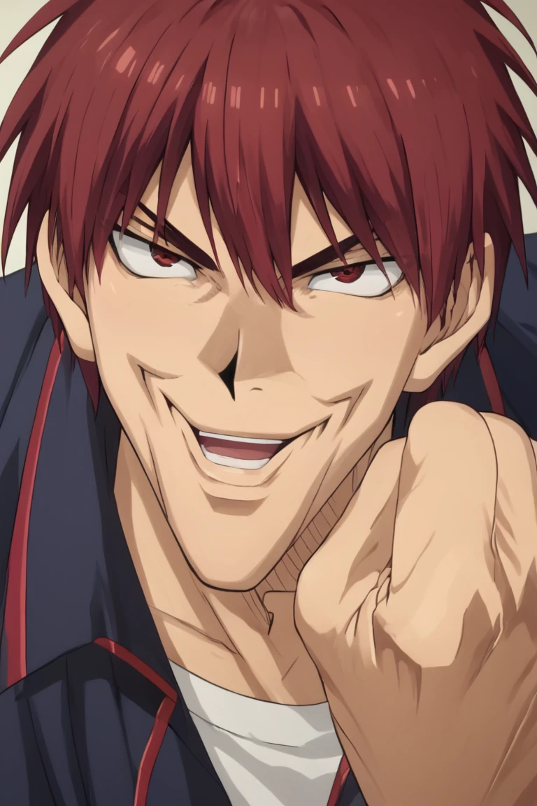 score_9, score_8_up, score_7_up, score_6_up, masterpiece, best quality, amazing quality, best aesthetic, absurdres, intricate details,
Joey_Chin_A, Hand up, LOOKING AT VIEWER, CLENCHED HAND, PORTRAIT, male focus, smile, open mouth,taiga kagami, red hair, red eyes<lora:EMS-453890-EMS:0.800000>, <lora:EMS-403084-EMS:1.000000>