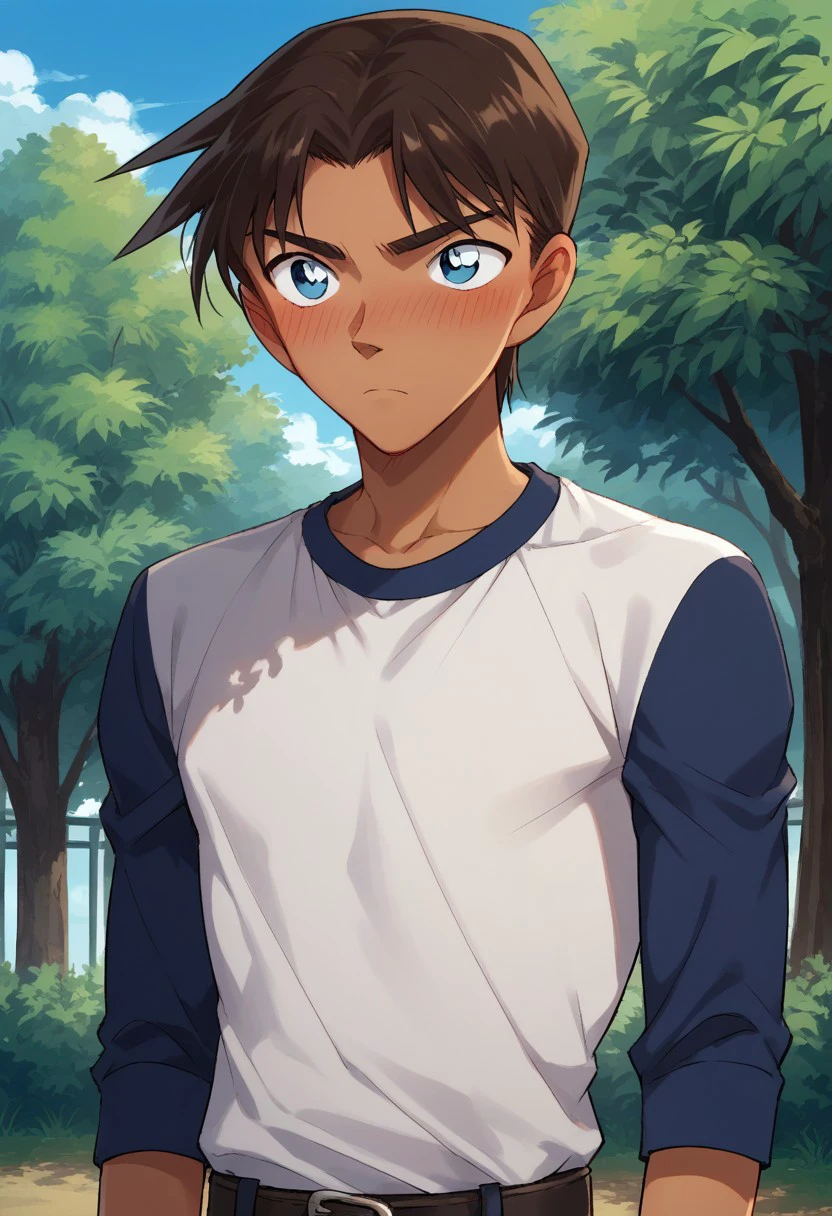 score_9, score_8_up, score_7_up, source_anime, highly detailed,  
heijihattori, solo, 1boy, male focus, dark skin, blue eyes, dark-skinned male,  upper body, brown hair, standing, shirt, raglan sleeves, blush, frown, belt, pants,
outdoor, sky, tree