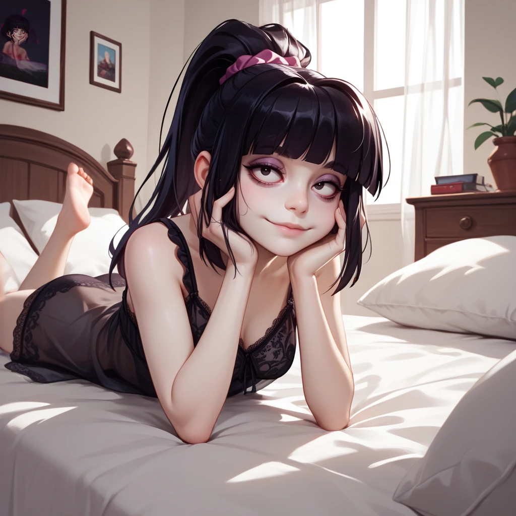 1girl,solo focus,<lora:creepy susie:1>,creepy susie,pale skin,black hair,black eyes,bags under eyes,half-closed eye, nightgown, long hair, ponytail, scrunchie,  
indoors,bedroom,
looking at viewer,closed mouth,smile, lying, on stomach, hands up, hands on own cheeks,, score_9, score_8_up, score_7_up, perfect anatomy, source_anime, zPDXL2,