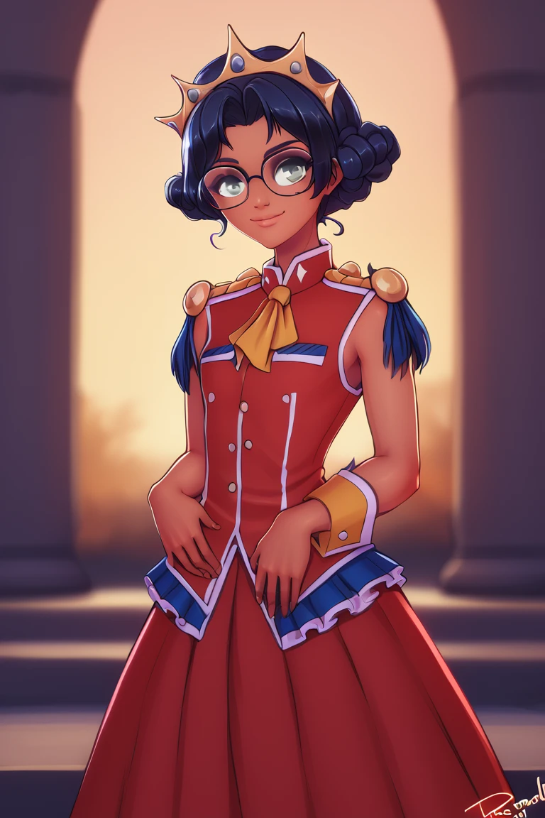 score_9, score_8_up, score_7_up, BREAK, 1girl, solo, anthy, glasses, crown, red dress, epaulettes, aiguillette, cowboy shot, light smile, by <personalami><lora:EMS-453778-EMS:1.000000>, <lora:EMS-322220-EMS:1.000000>