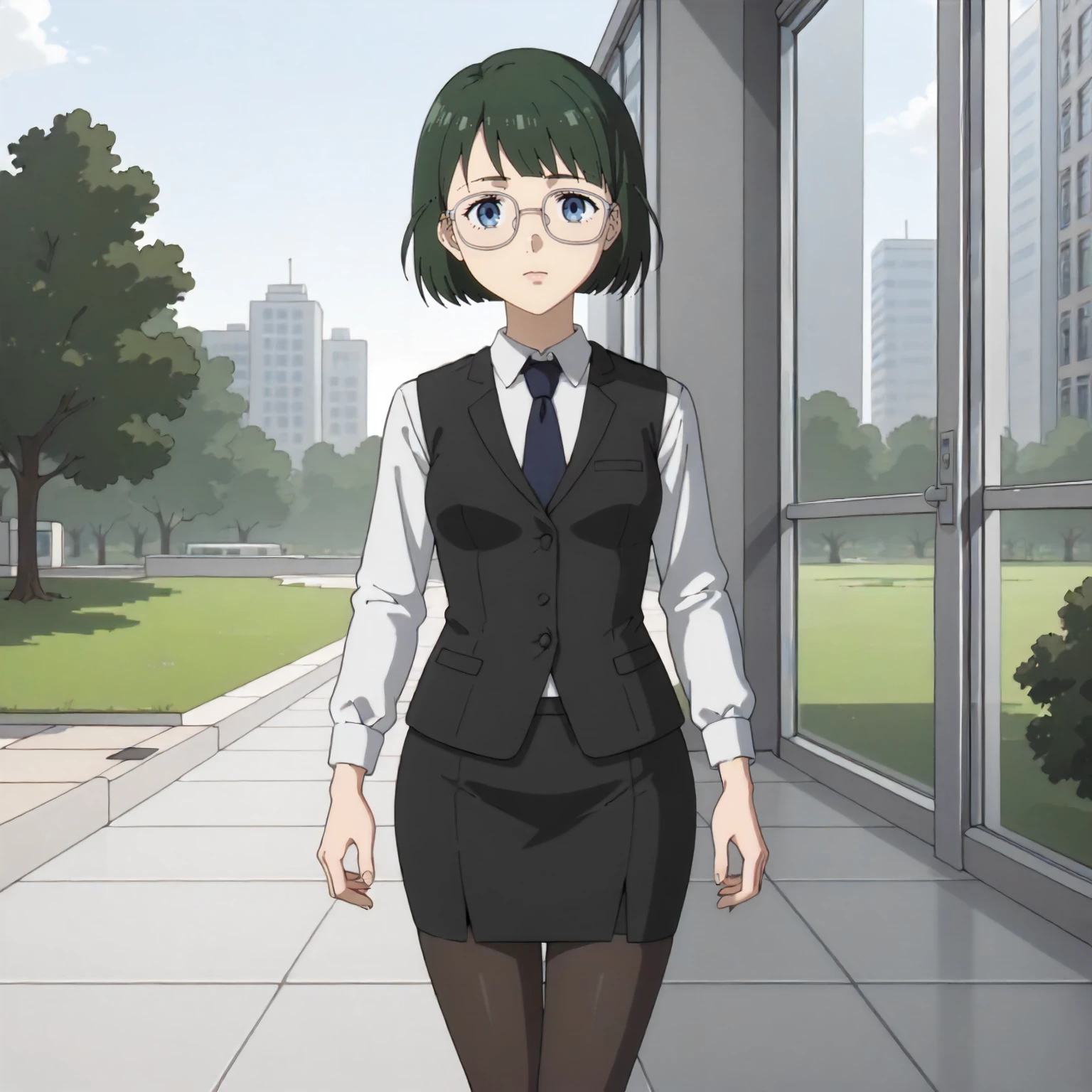 <lora:FBJE_receptionisXLpony001>,
outdoors,nature,
solo,
receptionis,1girl,green hair,short hair,blue eyes,eyewear,
standing,
office_lady,necktie,skirt,