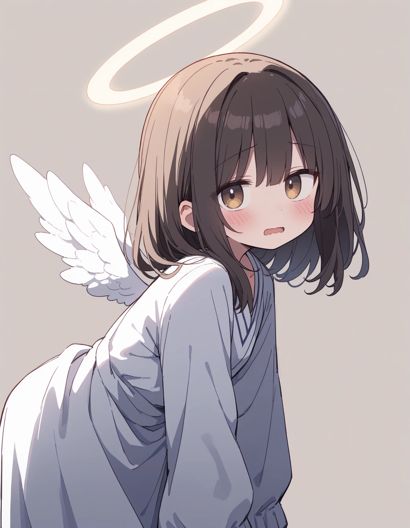 source_anime, best quality, 1girl, silky hair, white angel, halo, shy, wavy mouth, blush, open mouth, bent over, from side, simple background, brown background, outside border,