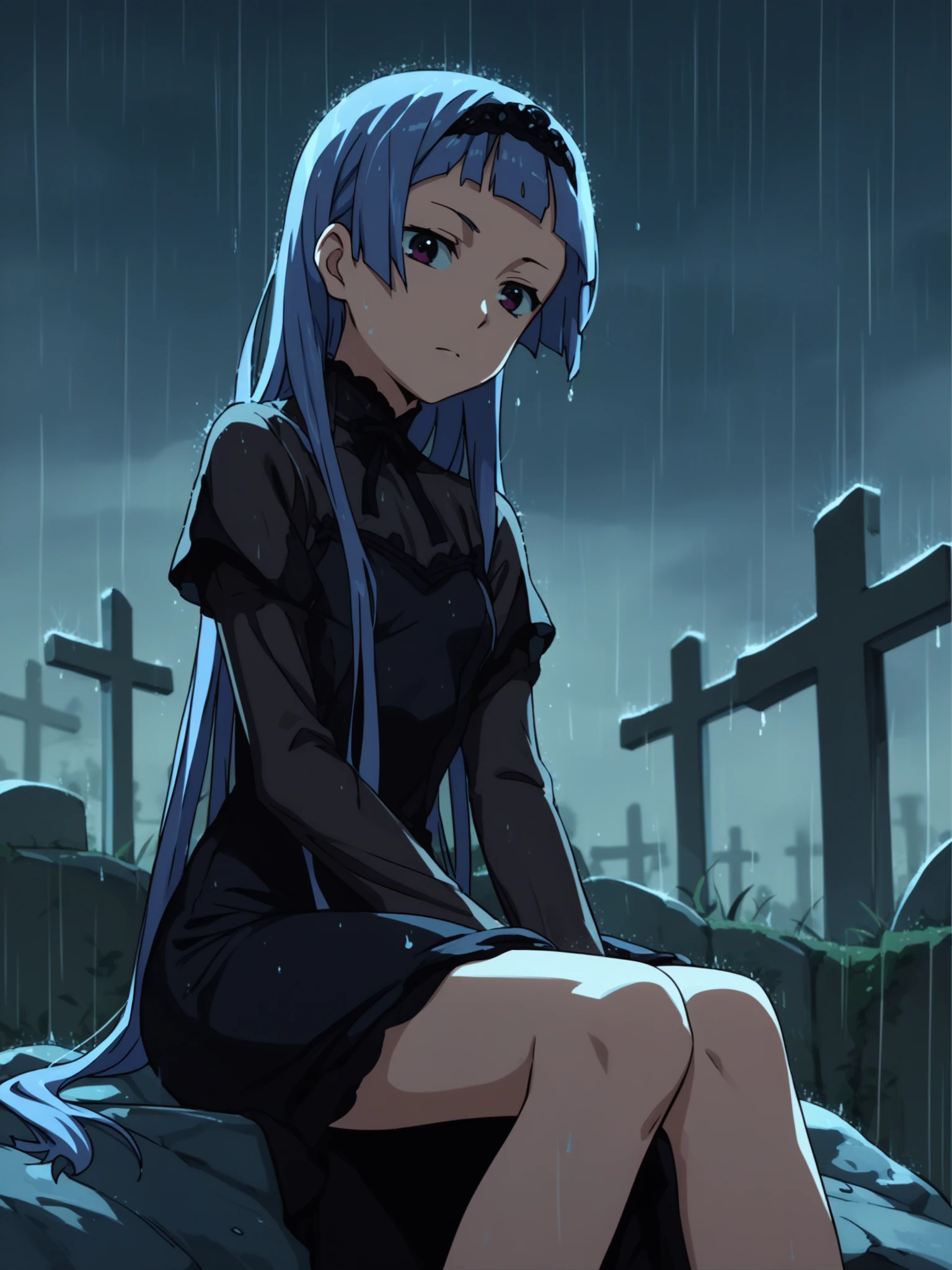 <lora:happy_tentacle-nagi-v0.1-000038:0.9>, ht_nagi, funeral dress, black dress, rain, night, graveyard, sitting on rock, cowboy shot, facing viewer, looking at viewer, anime coloring, score_9, score_8_up, score_7_up, score_6_up, score_5_up, score_4_up,