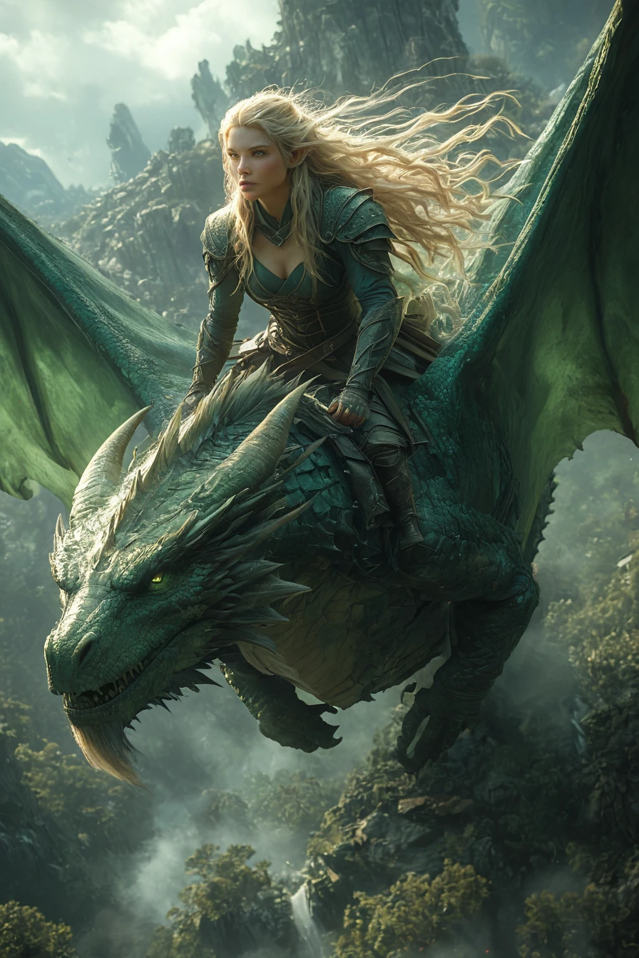 A beautiful woman with long blonde hair riding on the back of an emerald dragon in a fantasy scene. The cinematic shot shows her in a hyper realistic, full body view from a zoomed out perspective capturing the action. hksky, masterpiece, best quality, highly detailed, sharp focus, dynamic lighting