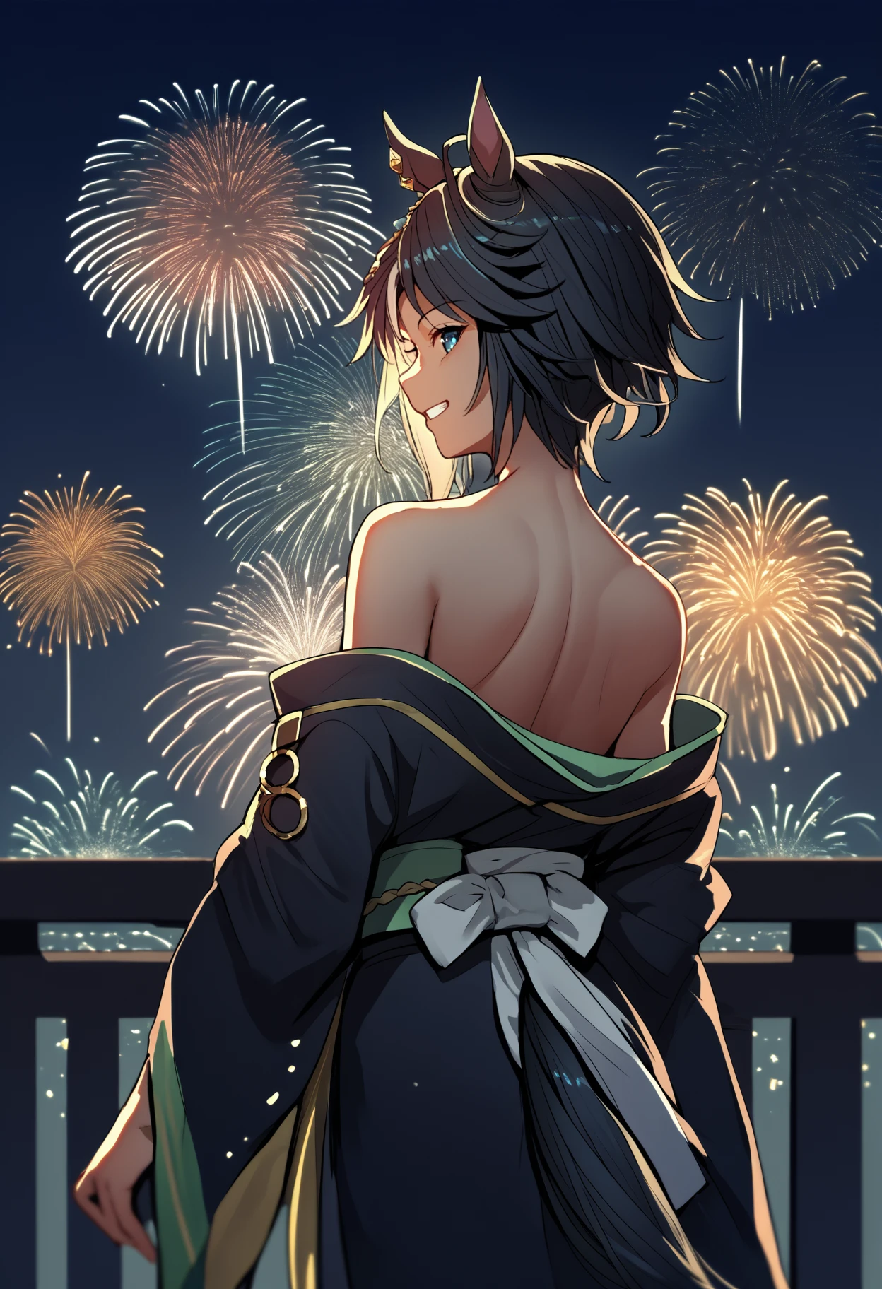 score_9, score_8_up, score_7_up, source_anime, from behind, solo, 1girl, fuji kiseki, horse tail, grin, looking back, ahoge, horse ears, ear ornament, ear piercing, gold trim, japanese clothes, black kimono, off shoulder, white sash, bare shoulders, fireworks
<segment:yolo-face_yolov8m.pt,0.4,0.5>