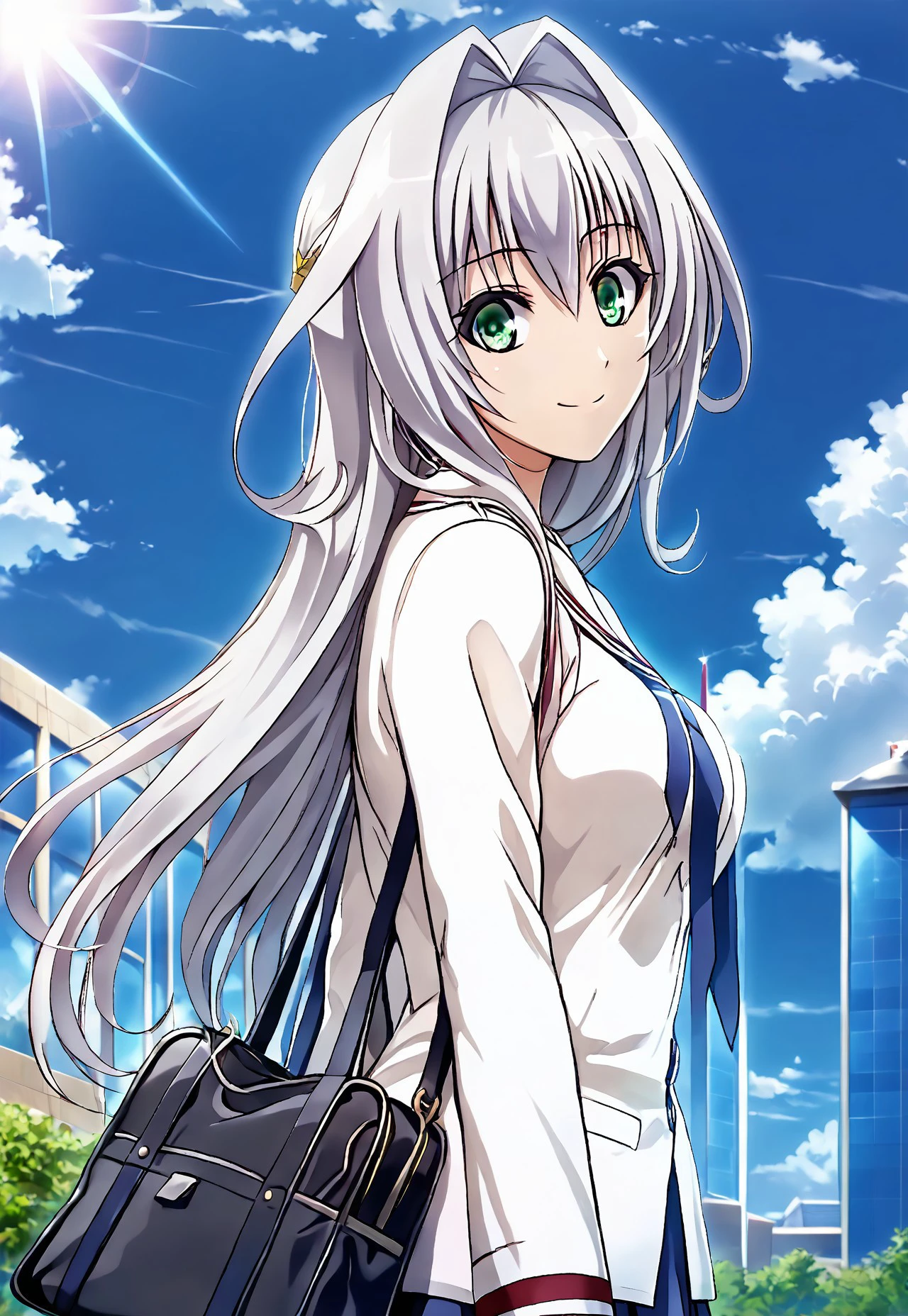 safe_pos, 1 girl, solo, eye catching, silver hair, long hair, green eyes, (extremely detailed CG unity 8k wallpaper),eye catching,(masterpiece), (best quality), (ultra-detailed), extremely detailed,(best illustration), an extremely delicate and beautiful ,CG ,unity ,8k wallpaper,solo, long hair,silver hair,green eyes,medium breasts,smile, masterpiece, best quality, school courtyard, smile, holding, bookbag, sunny, lens flare, clouds, sky, bright, highly detailed,  score_4_up, score_anime, score_realstic