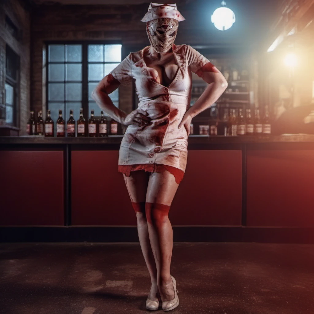 cinematic photo 1girl nurse, hat, nurse cap, bandages, horror (theme), breasts, cleavage, blood, in a pub<lora:Nurse1024:0.9> . 35mm photograph, film, bokeh, professional, 4k, highly detailed