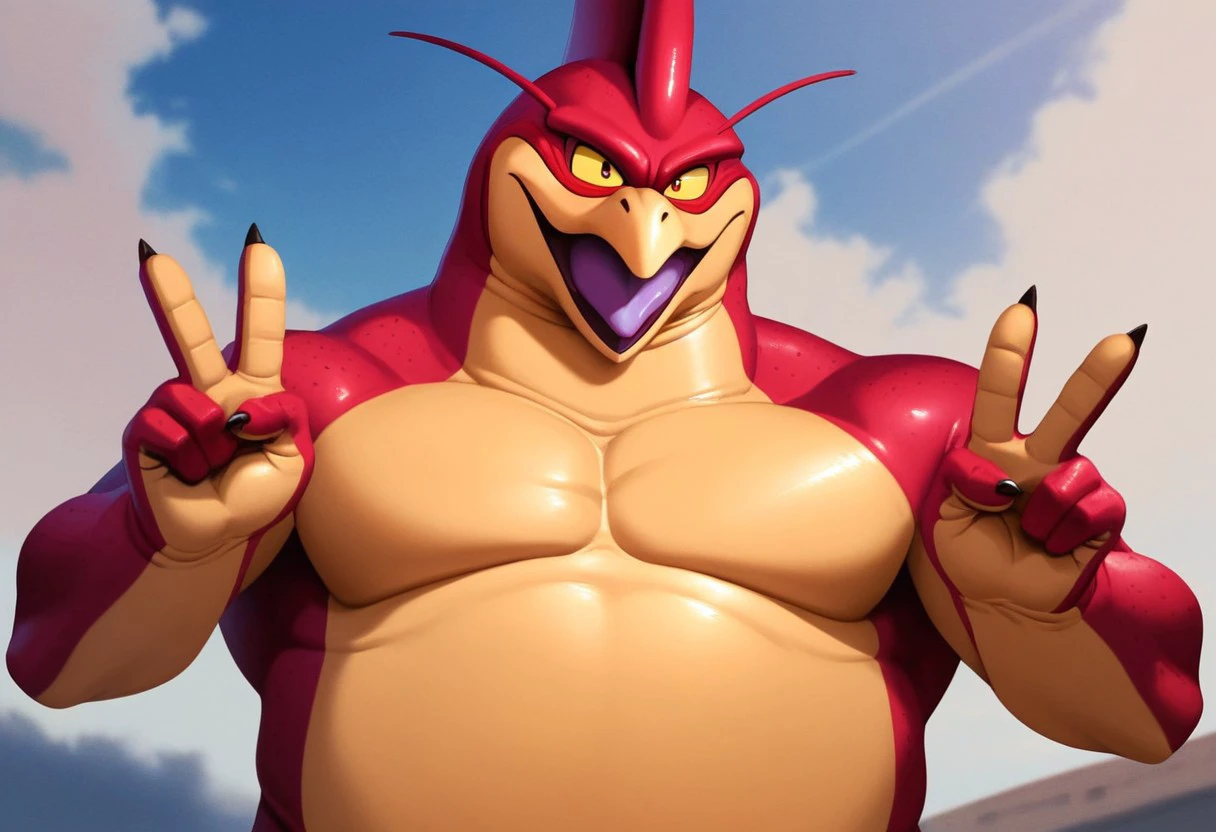 score_9, score_8_up, score_7_up, 1boy,, solo,  Expressiveh, (RageShenron) male dragon, anthro, slightly chubby, beak, red body, red scales, tan body, tan scales, two tone body, two tone scales, red eyes, yellow sclera), male focus, cowboy shot, sky, clouds, open mouth, purple tongue, (peace sign), wide eyes, blushing, looking at viewer, detailed background, 4k, masterpiece, best quality, highly detailed, realistic