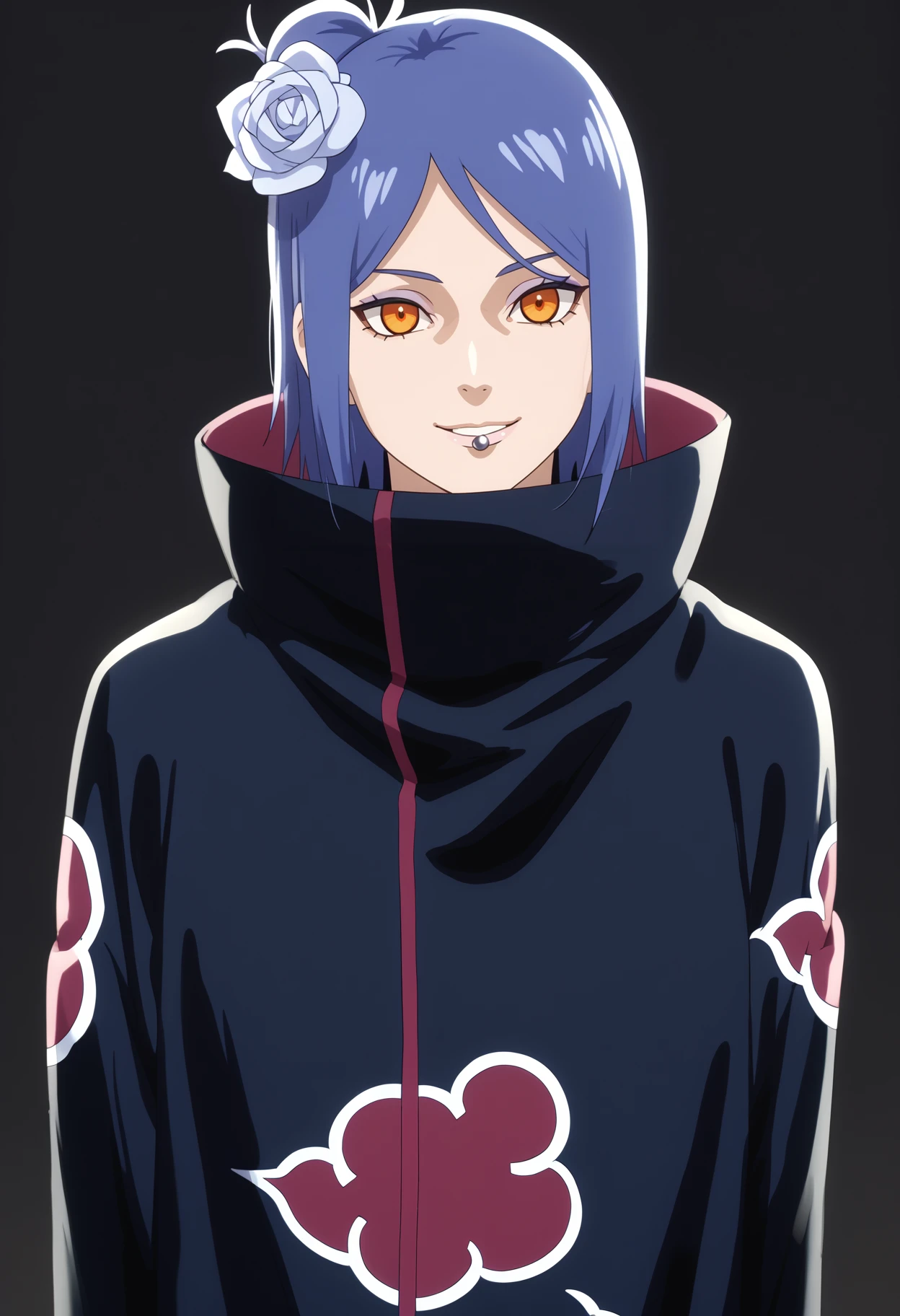 score_9, score_8_up, score_7_up, anime screencap, BREAK
1girl, konan, blue hair, orange eyes, cloak, hair flower, high collar, lip piercing,
hands behind back, smile, upper body, looking at viewer, solo, simple background, white background   <lora:KonanShippudenXL:1>