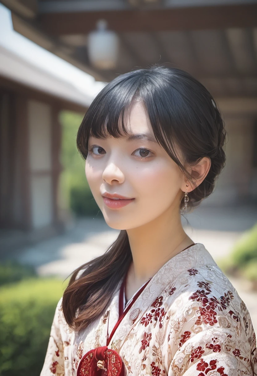 Saya Hiyama, wearing a traditional japanese dress, standing in a japanese temple