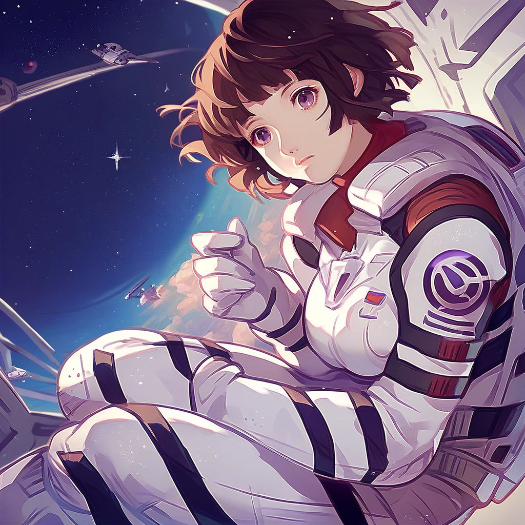 score_9, score_8_up, score_7_up, hoshijiro-shizuka, 1girl, solo, bodysuit, space, short hair, spacesuit, black hair, star (sky), pilot suit, purple eyes, brown hair, brown eyes, science fiction, sky, Red Bodysuit