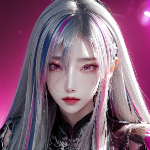 highly insanely detailed, masterpiece, top quality, best quality, highres, 4k, 8k, RAW photo, (very aesthetic, beautiful and aesthetic),  
<lora:tsukishimakeia:1>, 
(1girl:1.3), eyes focus, 
(metallic silver hair,streaked hair), 
(pure magenta background,transparent background:1.2), 
âââ