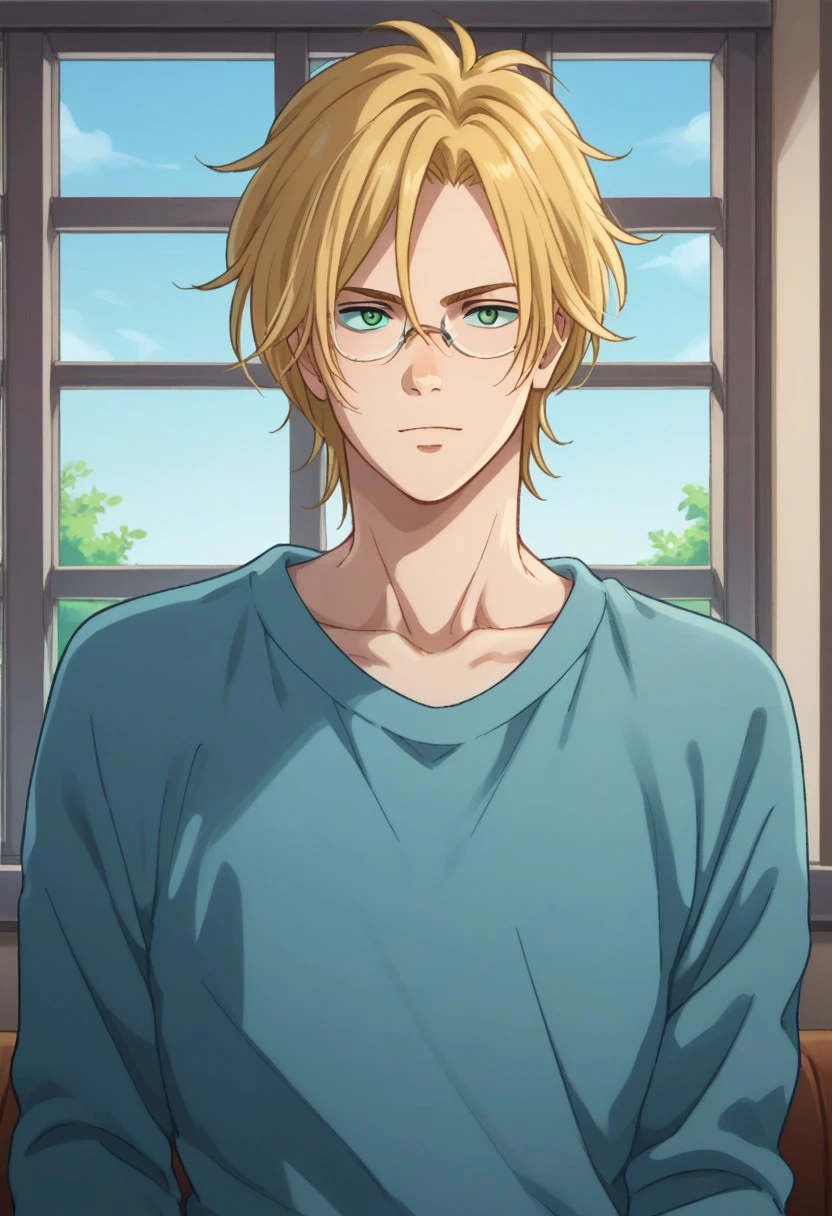 score_9, score_8_up, score_7_up, source_anime, highly detailed, 
ashlynx, 1boy, blonde hair, male focus, glasses, solo, green eyes, looking at viewer,
sweater, blue sweater, shirt, white shirt, upper body, slender, skinny
indoor, window,