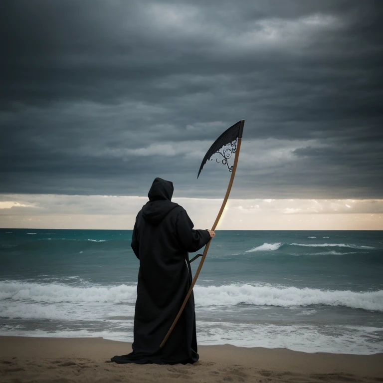 UHD, 4k, ultra detailed, cinematic, a photograph of  <lora:Grim Reaper style SD1.5:1>
Grim Reaper a person in a black robe holding a scythe on a beach, horror movie themed, sharp, detailed, epic photography, artistic, creative, dramatic light, cinematic style, film style, Grim Reaper style, solo, holding, standing, outdoors, sky, day, cloud, hood, ocean, beach, cloudy sky, cloak, hood up, sand, scythe, hooded cloak, black cloak, from behind, water, 1other, ambiguous gender, holding scythe
, epic, beautiful lighting, inpsiring