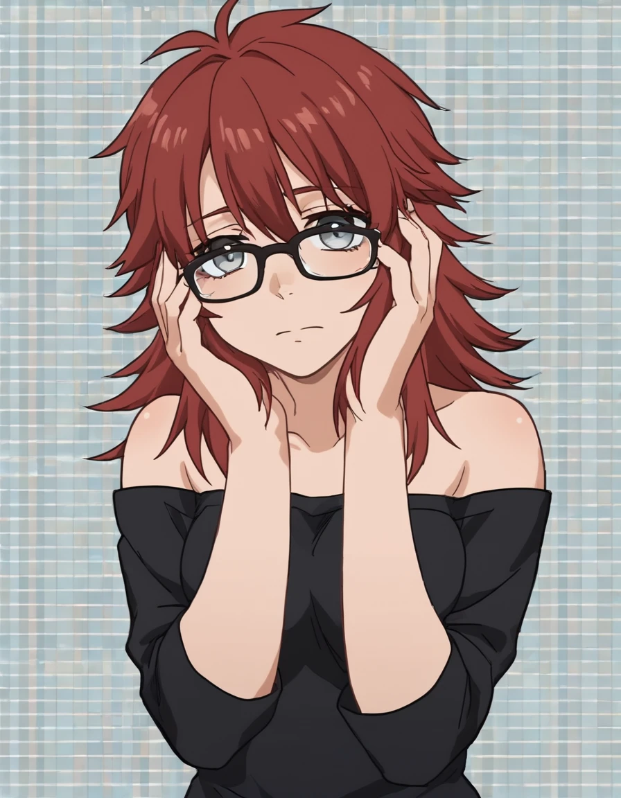 score_9, score_8_up, score_7_up, score_6_up, score_5_up, score_4_up, BREAK source_anime, anime screencap, <lora:GingerGangstaXL-06:1> GingerGangstaXL, 1girl, solo, glasses, shirt, black shirt, grey eyes, off shoulder, looking at viewer, checkered background, upper body, hands on own face