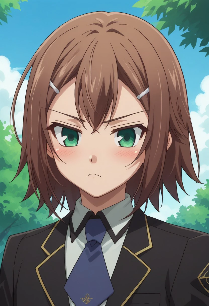 score_9, score_8_up, score_7_up, source_anime, highly detailed, 
kinoshita, 1boy, solo, male focus, brown hair, green eyes, hair ornament, hairclip,
school uniform, shirt, white shirt, collared shirt, necktie, blue necktie, jacket, black jacket, long sleeves, upper body, frown, blush
outdoor, sky, tree