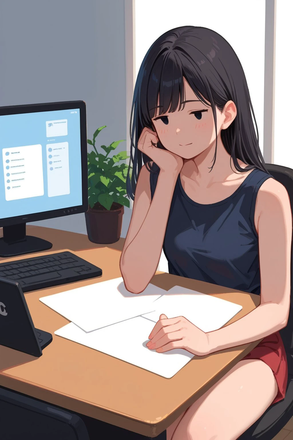 score_9,score_8_up,score_7_up, 1girl, simple style, long black hair, dot eyes, looking at computer, sitting front of desk