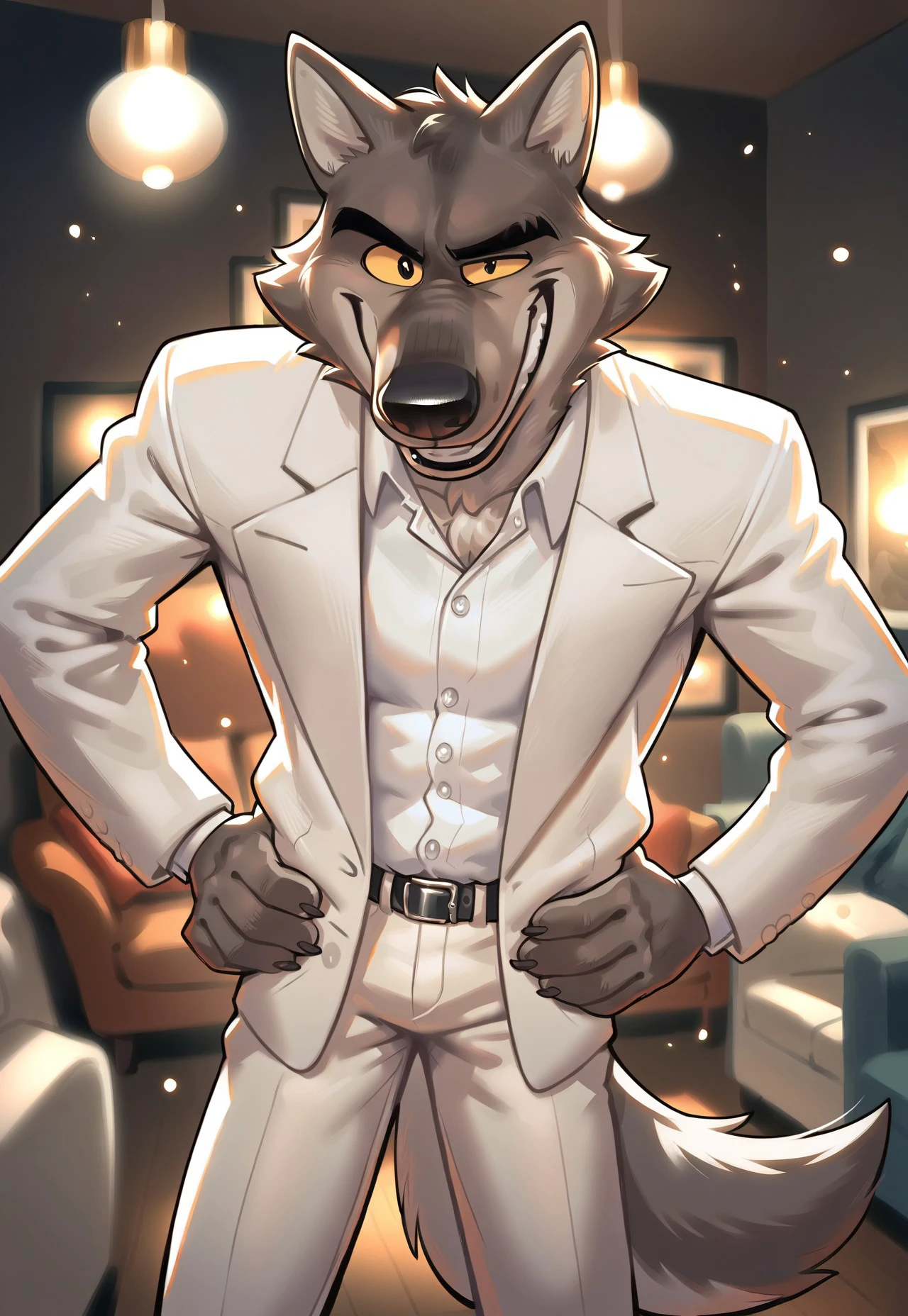 score_9, score_8_up, score_7_up, score_6_up, score_5_up, score_4_up, source_furry, hi res, in living room, blurred background, particles, sunray, rimlight, standing, MrWolf, Wolf, yellow sclera, black eyes, Cream-White Suit, Cream-White Pants, White Shirt, looking at viewer, smile, raised eyebrow, anthro, male, hands on hips, perfect anatomy