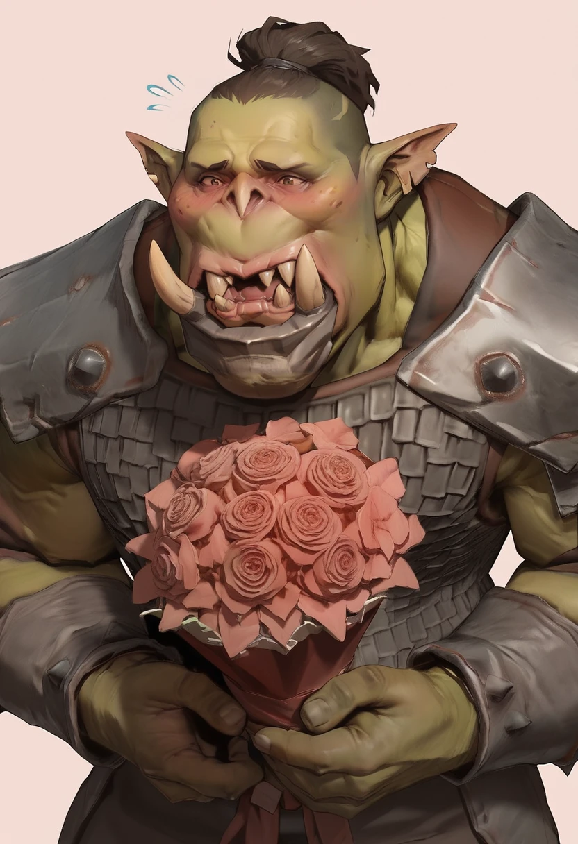 score_9, score_8_up, score_7_up, pink background,
OrcBoyz,  green skin, tusks, topknot, armor,
holding a bouquet, blushing, embarrassed,
 <lora:Orc_Boyz_PonyXL:0.9>