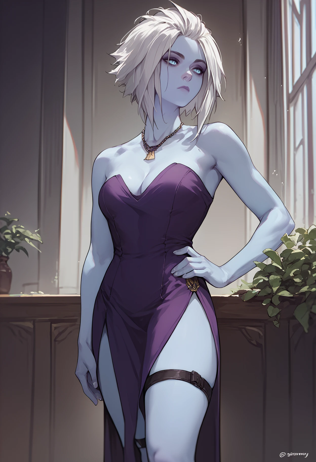 score_9, score_8_up, score_7_up, score_6_up, source_anime, solo, 1girl, mara sov, blue skin, expressionless, looking away, hand on own hip, purple dress, strapless dress, sleeveless dress, side slit. thigh strap, necklace, bare shoulders, cleavage, indoors
<segment:yolo-face_yolov8m.pt,0.4,0.5>