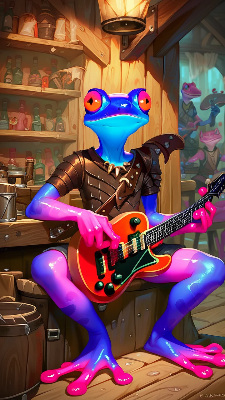 score_9,score_8_up,score_7_up,gr1ppl1,pathfinder grippli,anthro frog,orange eyes,black pupils,blue skin,pink skin,multicolored skin,leather armor,guitar,accoustic guitar,holding guitar,indoors,tavern,sitting,