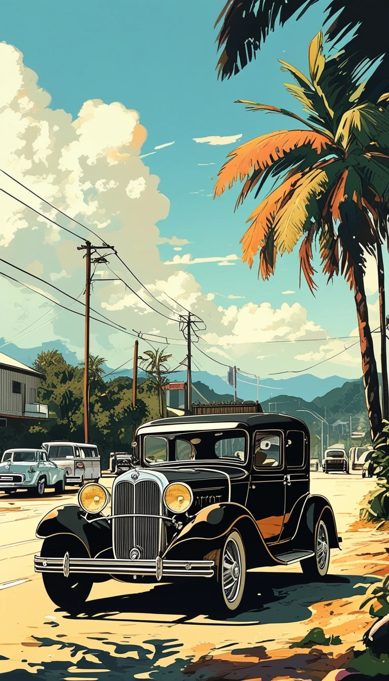 二次元动漫风格, a vintage black and white car, likely an old-fashioned Model T, parked on the side of a road. The car is parked next to a palm tree, which adds a tropical touch to the scene. The car is parked on a street with other cars and a truck in the background, indicating that it is in a busy area. The style of the image is reminiscent of the early days of photography, with a focus on the car and its surroundings, rather than the vibrant colors and modern elements typically found in contemporary images. The black and white color scheme and the vintage appearance of the car give the image a nostalgic and timeless feel.