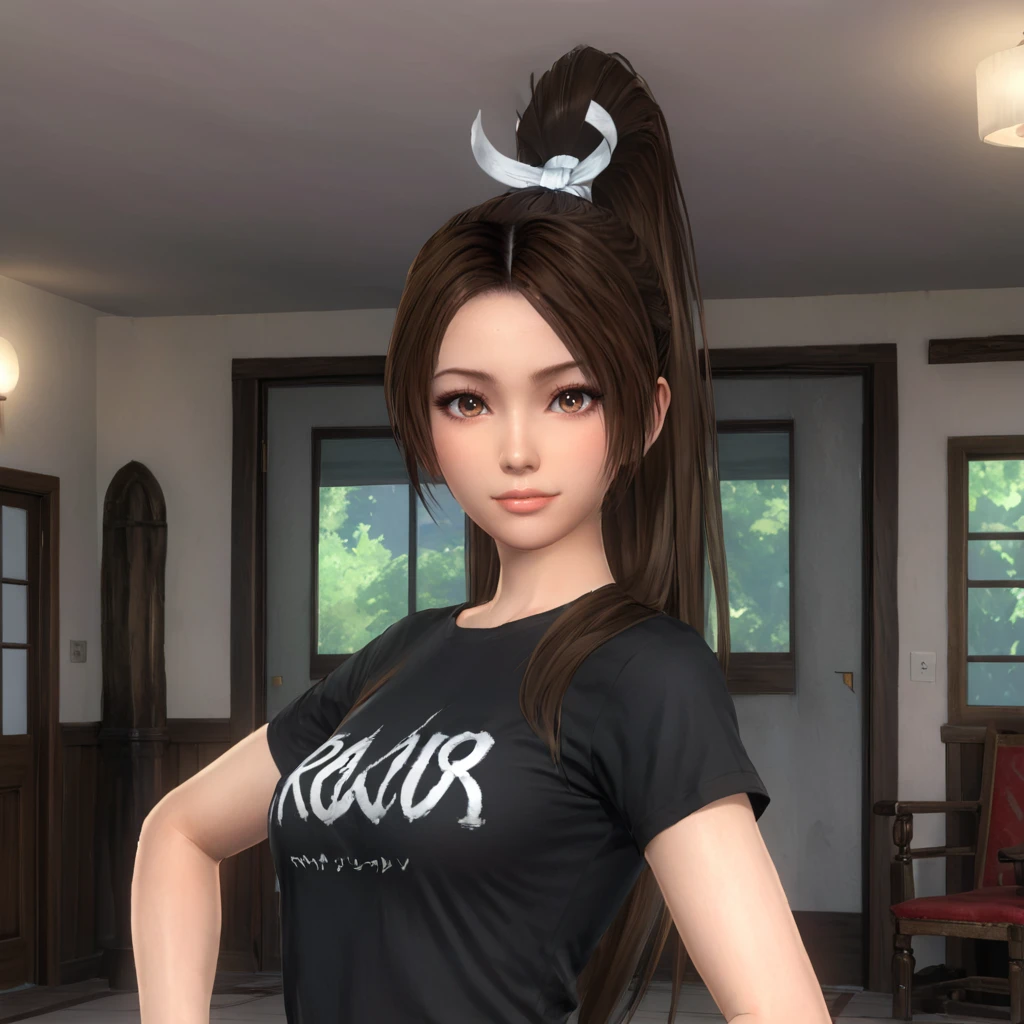 maishiranuidoa5lr, 1woman, solo, long hair, high ponytail, hair ribbon, T-shirt, looking at viewer <lora:maishiranuidoa5lrXL:0.7>