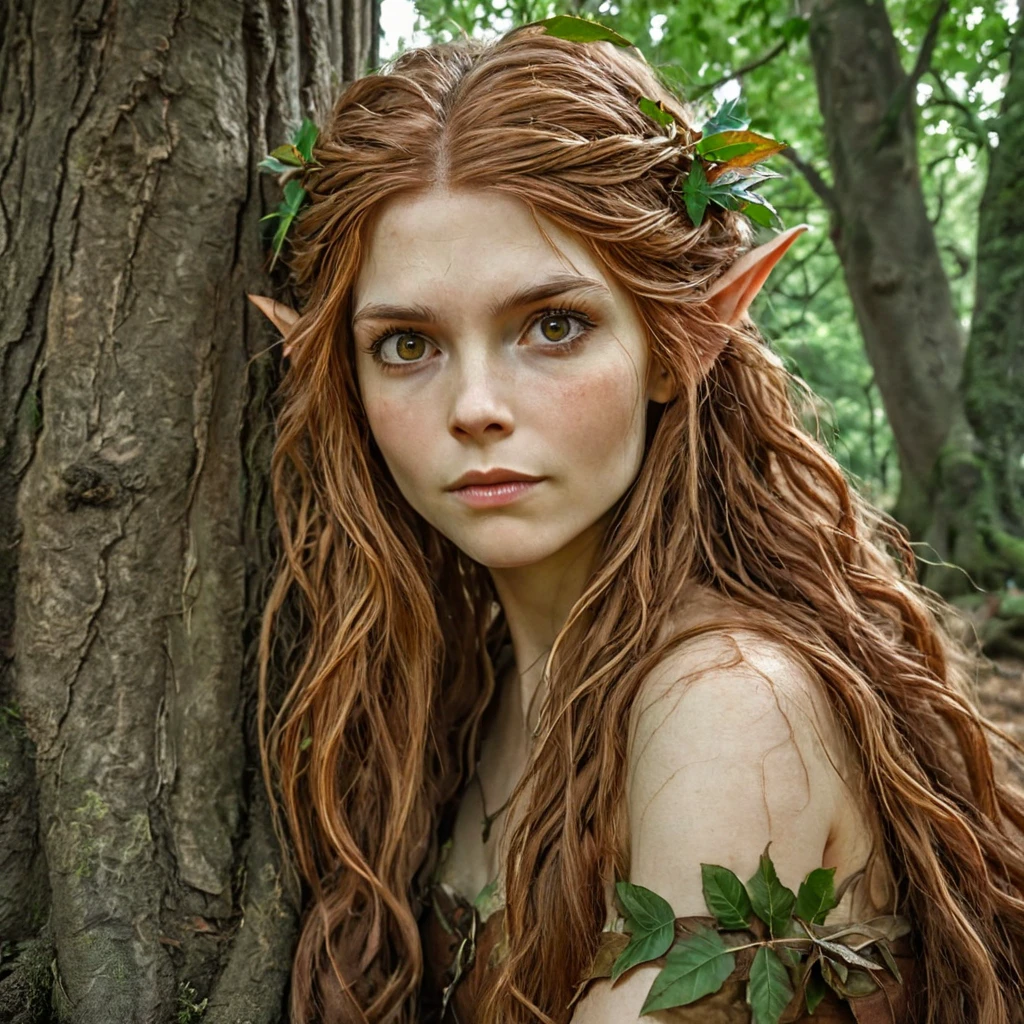 A headshot photo of an elven nymph with long, flowing auburn hair, adorned with leaves and natural elements. She has large, expressive golden eyes and delicate features, with slightly pointed ears that emphasize her otherworldly nature. She is standing close to an ancient tree in a lush, green forest, with the dappled sunlight filtering through the leaves above. Her outfit is made of natural materials, blending seamlessly with the surrounding foliage, giving her an ethereal, almost magical presence in this enchanted woodland