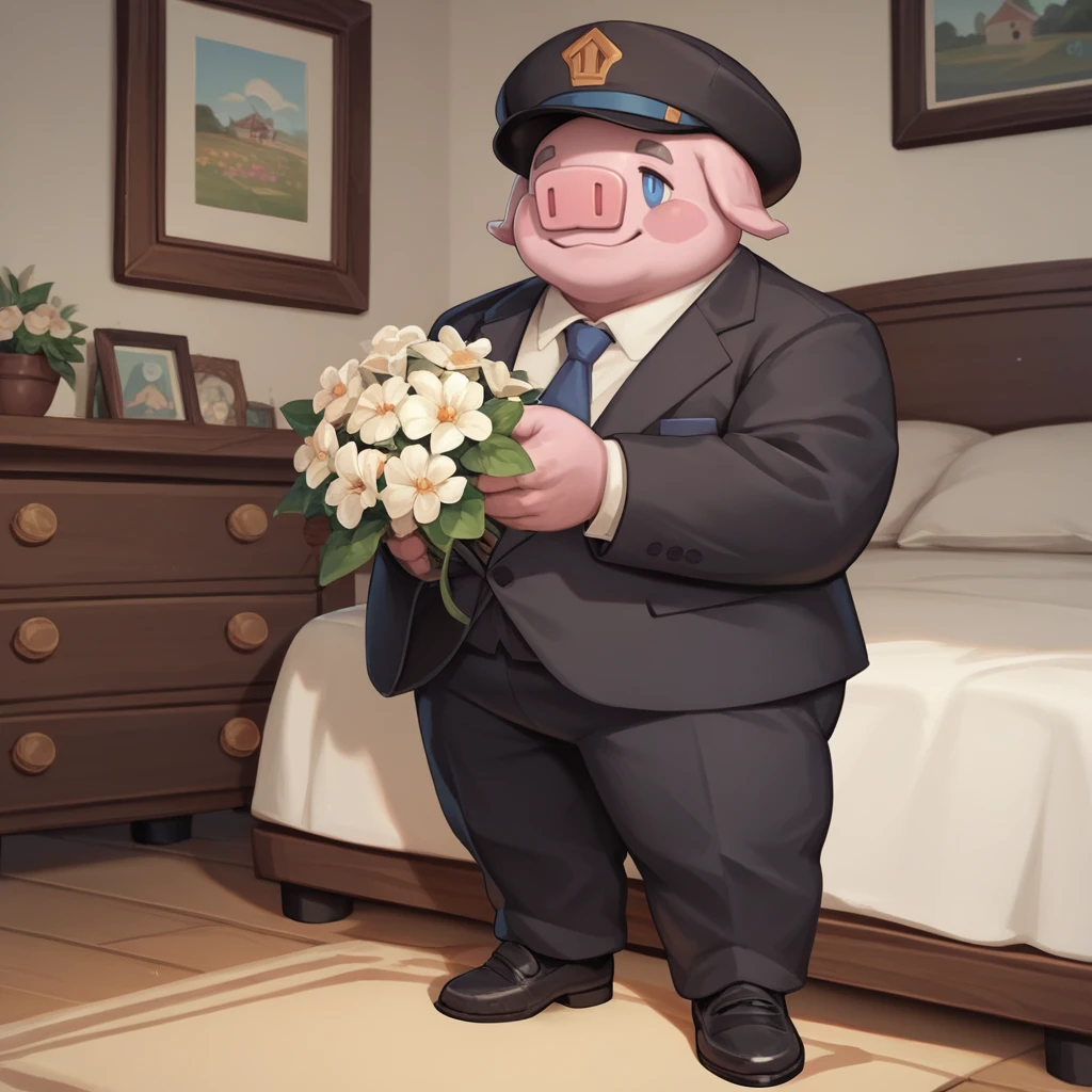 score_9, score_8_up,score_7_up,score_6_up,score_5_up,score_4_up,<lora:brick-v2-13:1> br1ck, pig man, fat, smile, closed mouth, 
suit, black shoes, holding flowers,hat,
bedroom, three-quarter angle,
source_toon,