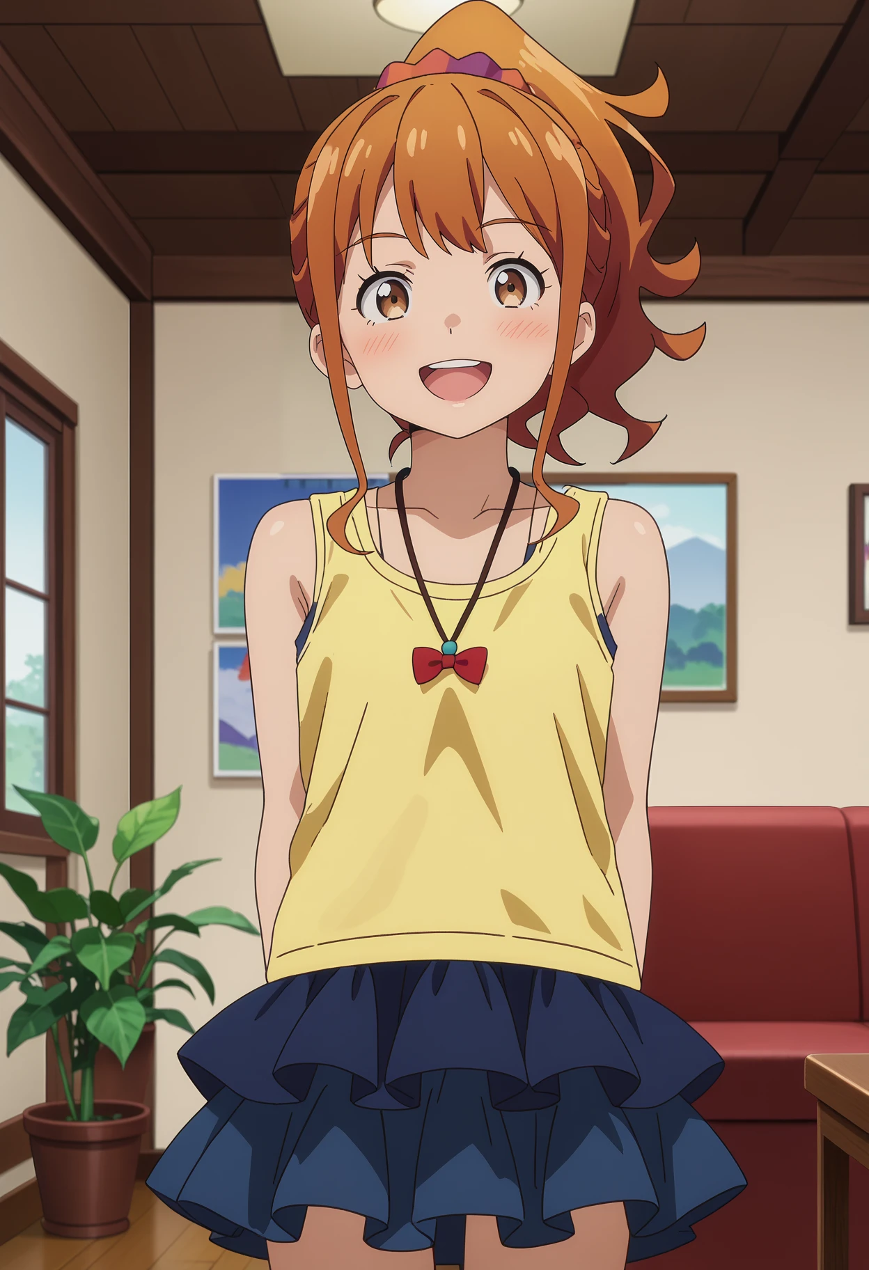 score_7_up, anime screencap,
<lora:EromangaSensei_JinnoMegumiXL:0.8>, JinnoMegumi,
1girl, solo, open mouth, smile, light blush, upper teeth only,
ginger hair, brown eyes, ponytail, hair scrunchie,
MegumiCasual, tank top, yellow shirt, necklace, red bow, layered skirt, frilled skirt, blue skirt,
standing, looking at viewer, thigh gap, arms at sides,
blurry background, indoors