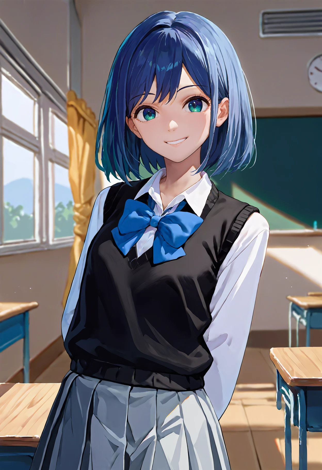 score_9, score_8_up, score_7_up, source_anime, solo, 1girl, kurokawa akane, smile, looking at you, standing, arms behind back, school uniform, black sweater vest, white shirt, collared shirt, blue bow, long sleeves, grey skirt, pleated skirt, indoors, classroom
<segment:yolo-face_yolov8m.pt,0.4,0.5>