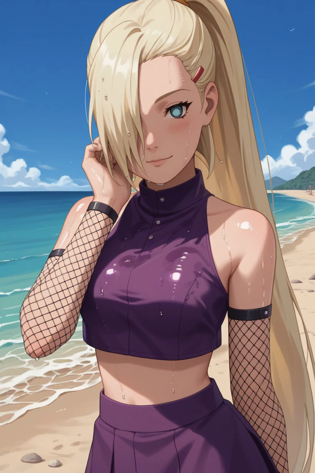 score_9, score_8_up, score_7_up, 1girl, solo,

yamanaka ino, hair over one eye, blonde hair, long hair, ponytail, blue eyes, hairclip,

medium breasts, sleeveless, bare shoulders, crop top, fishnet sleeves, purple shirt, midriff, purple skirt, fishnet thighhighs,

half closed eyes, seductive gaze, bedroom eyes, closed mouth, naughty face,

looking at viewer, blush, standing, sexy pose, hand in hair, adjusting hair, head tilt,

beach, seaside, blue sky, wet, wet body, wet skin, wet hair, shiny skin, cowboy shot,

,